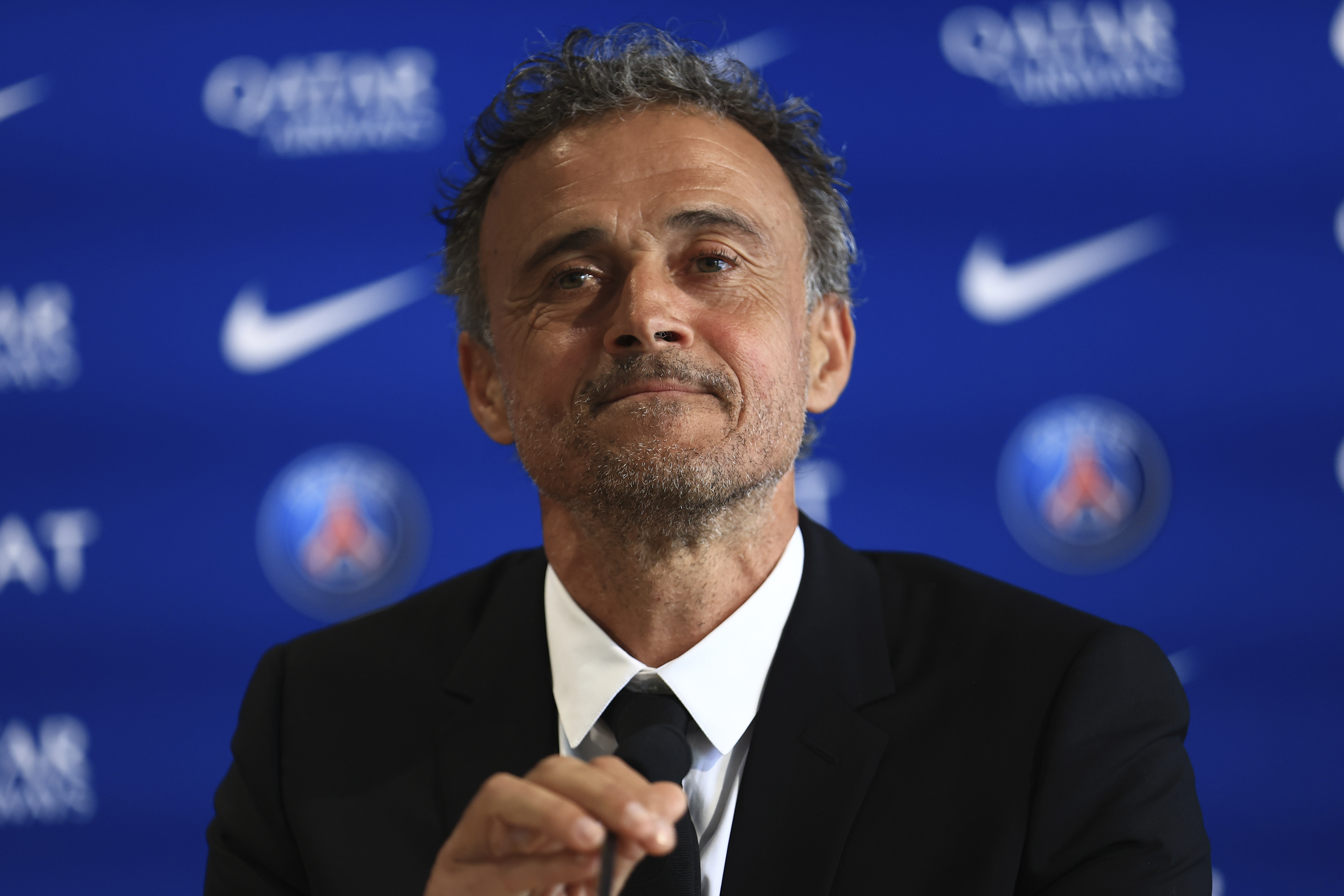Newly named PSG coach Luis Enrique speaks during a press conference at the new Paris-Saint-Germain training ground Wednesday, July 5, 2023 in Poissy, west of Paris. Paris Saint-Germain fired coach Christophe Galtier after a disappointing season on and replaced him with former Spain and Barcelona manager Luis Enrique. 
