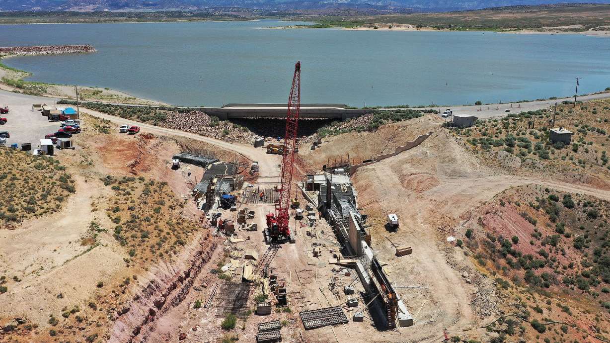 A cofferdam blocks the spillway as construction repairs continue on the Sevier Bridge Dam at Yuba State Park on June 27. Aging dams pose a threat to the water supply of cities and agriculture.
