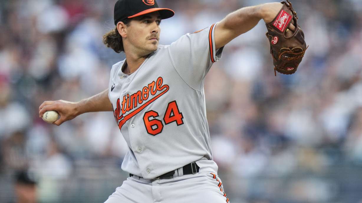 Baltimore Orioles' Dean Kremer throws to a New York Yankees batter during the first inning of a baseball game Wednesday, July 5, 2023, in New York.