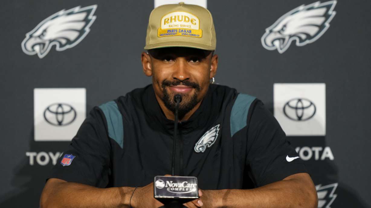 Philadelphia Eagles quarterback Jalen Hurts speaks with members of the media during a news conference at the NFL football team's training facility in Philadelphia, Thursday, June 8, 2023.