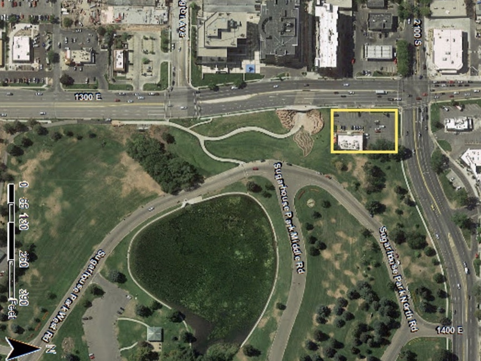 A map showing the proposed Kum & Go gas station in relation to the neighboring Sugar House Park pond.
