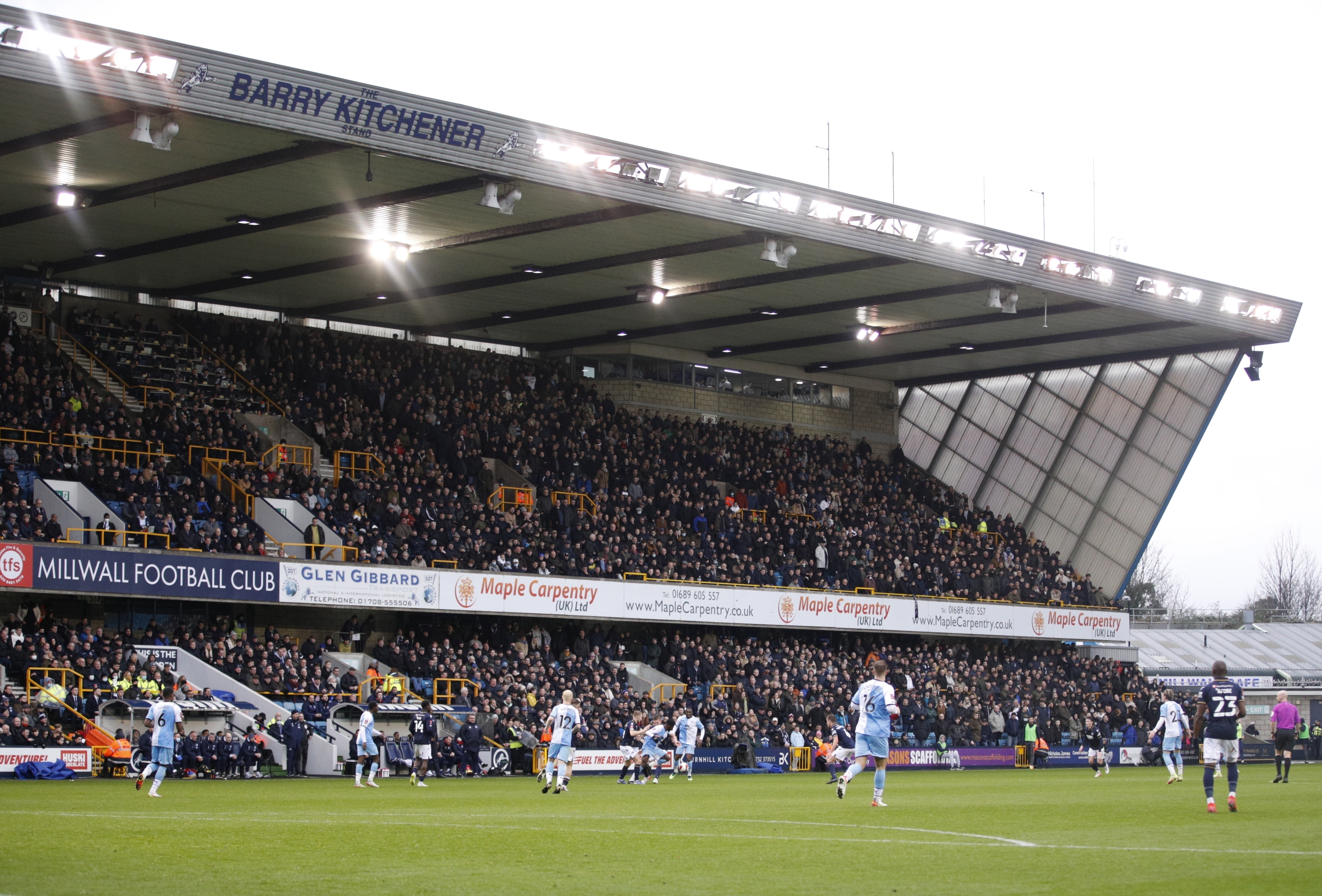 FILE - Millwall and Crystal Palace players challenge for the ball during the English FA Cup third round soccer match between Millwall and Crystal Palace at The Den stadium in London, England, Saturday, Jan. 8, 2022. John Berylson, the American businessman, owner and chairman of English soccer team Millwall, has died. He was 70. His death was announced by the second-division team, which said he had “lost his life in a tragic accident" on Tuesday, July 4, 2023.
