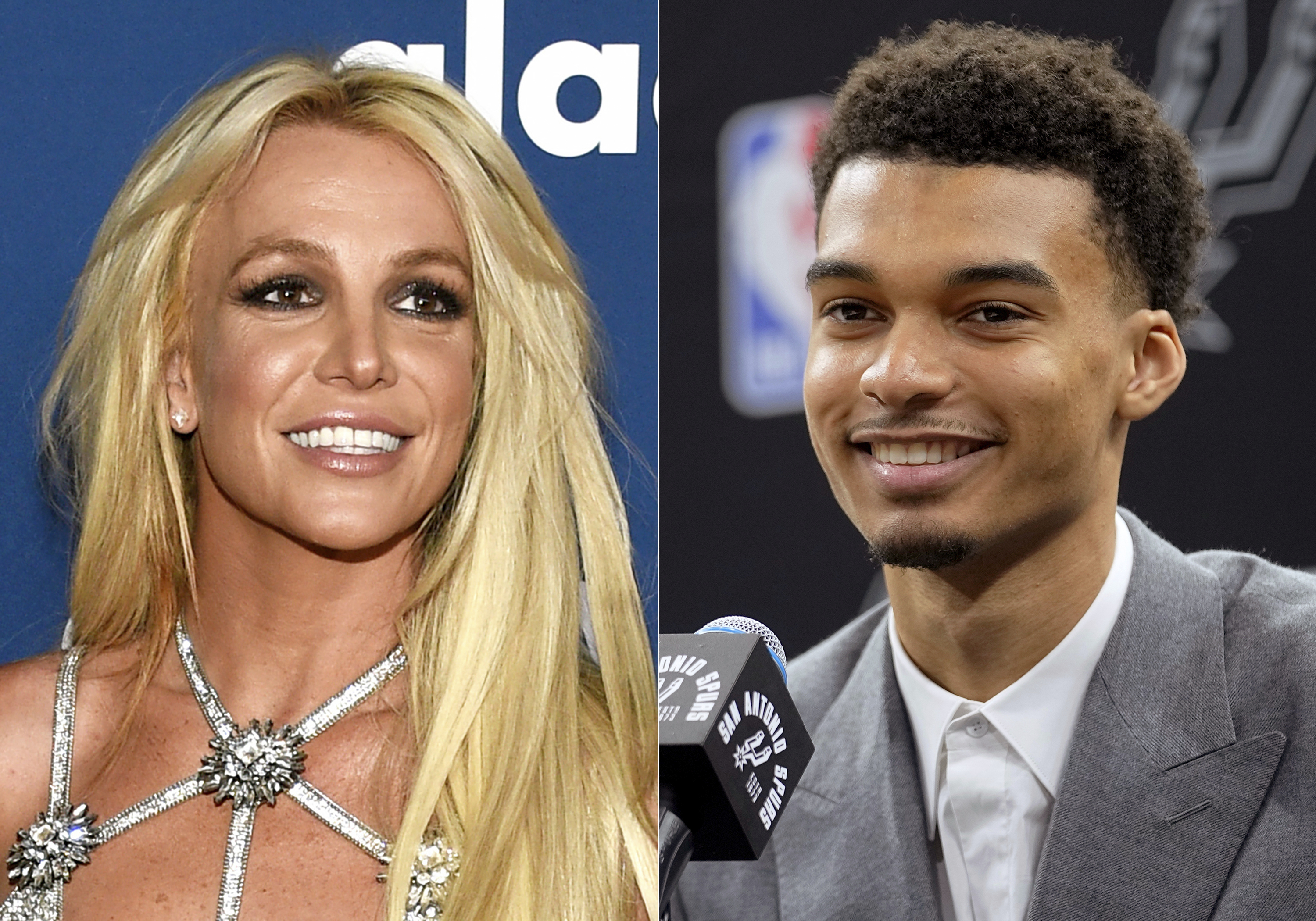 FILE - Britney Spears appears at the 29th annual GLAAD Media Awards in Beverly Hills, Calif., on April 12, 2018, left, and San Antonio Spurs NBA basketball first round draft pick Victor Wembanyama speaks during a news conference in San Antonio on June 24, 2023. Wembanyama said Thursday, July 6, 2023, that he believes Britney Spears grabbed him from behind as he was walking into a restaurant at a Las Vegas casino, and that the security detail he was with pushed the pop star away. 