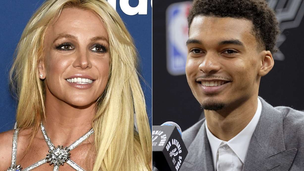 FILE - Britney Spears appears at the 29th annual GLAAD Media Awards in Beverly Hills, Calif., on April 12, 2018, left, and San Antonio Spurs NBA basketball first round draft pick Victor Wembanyama speaks during a news conference in San Antonio on June 24, 2023. Wembanyama said Thursday, July 6, 2023, that he believes Britney Spears grabbed him from behind as he was walking into a restaurant at a Las Vegas casino, and that the security detail he was with pushed the pop star away.
