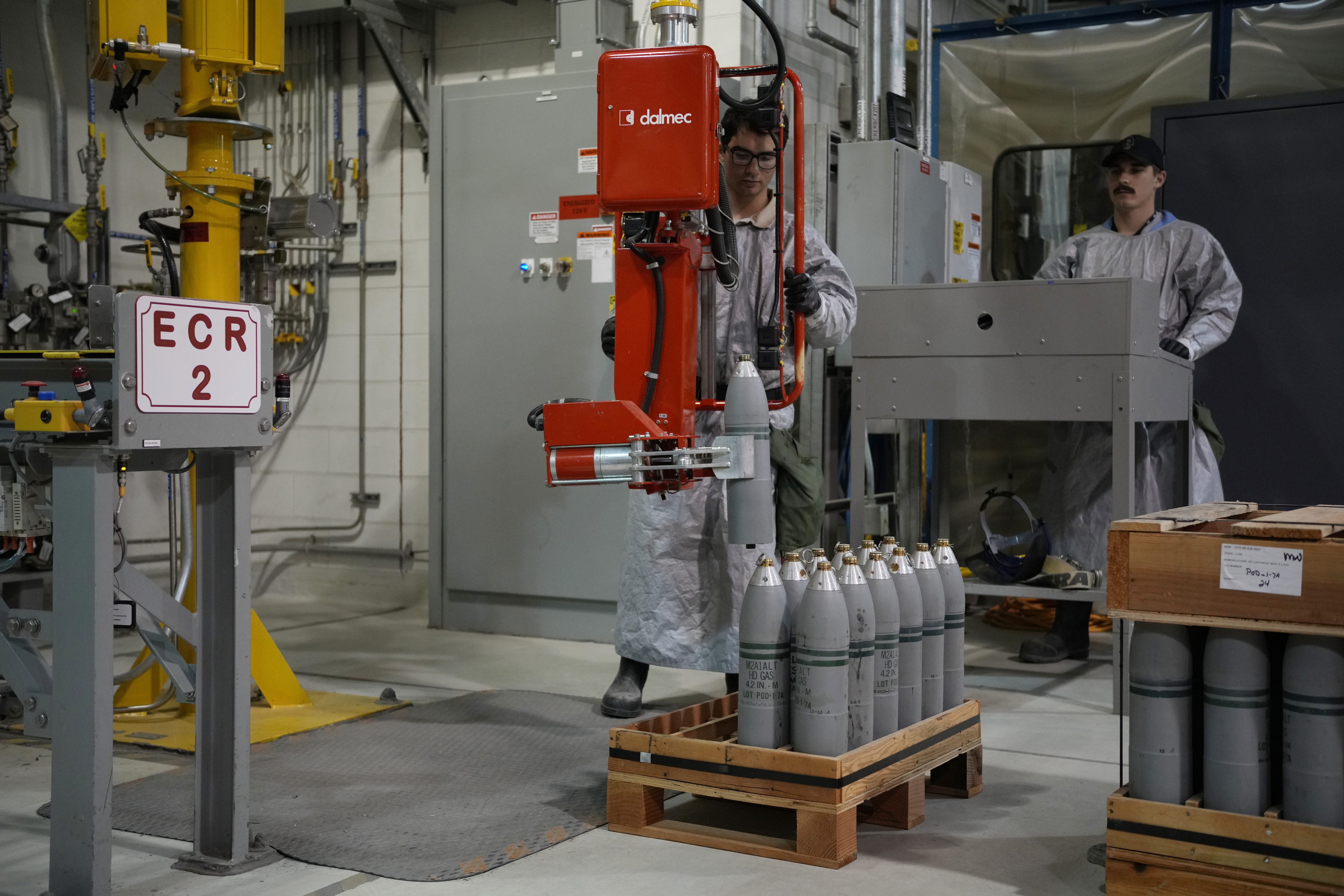 Technicians work to destroy the United States' chemical weapons stockpile at the U.S. Army Pueblo Chemical Depot on June 8, in Pueblo, Colo. More than 780,078 munitions containing mustard gas that have been on the site for eight decades.