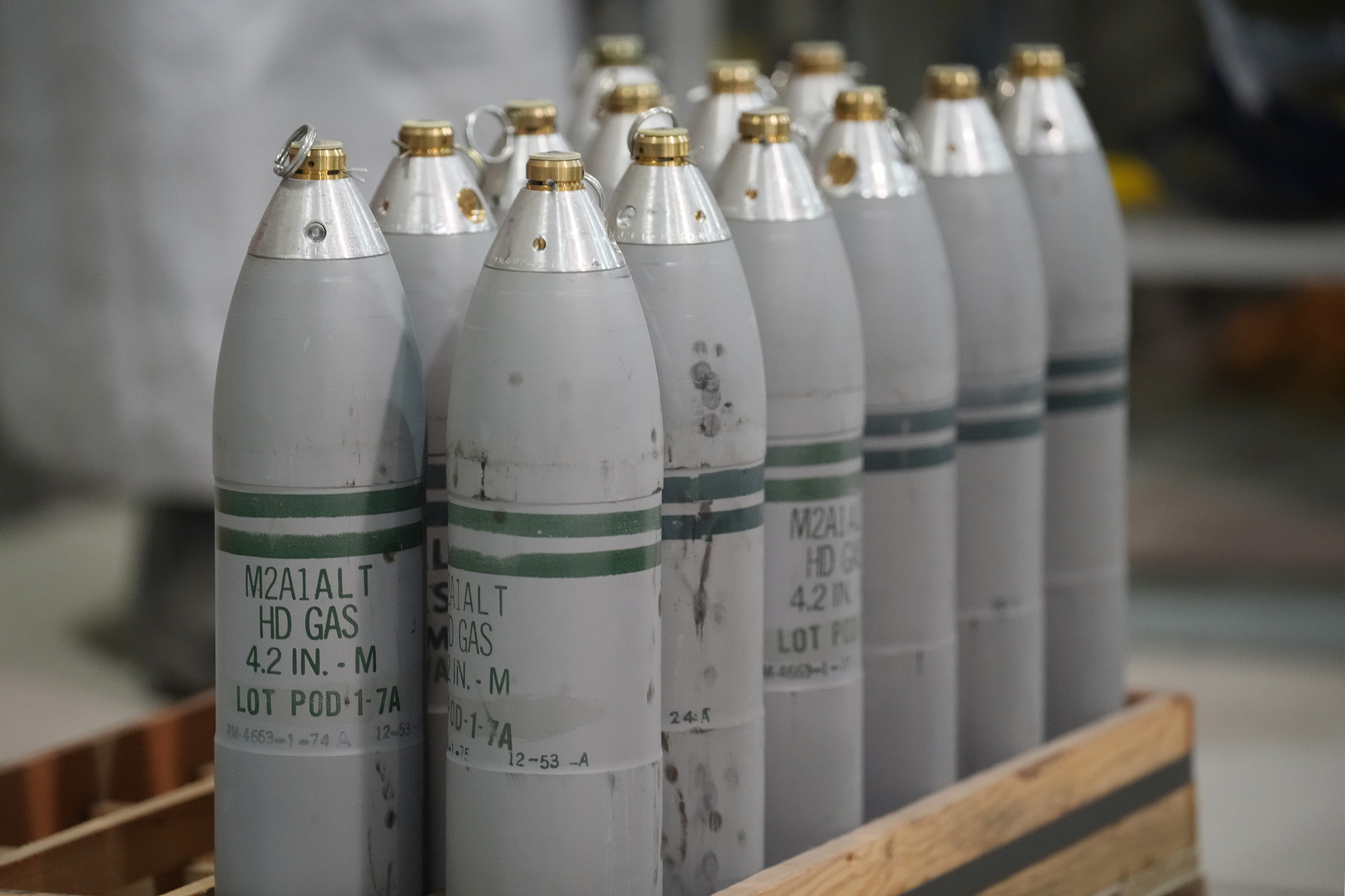 Canisters of mustard gas, which are part of the United States' chemical weapons stockpile, wait for destruction at the U.S. Army Pueblo Chemical Depot on June 8, in Pueblo, Colo.