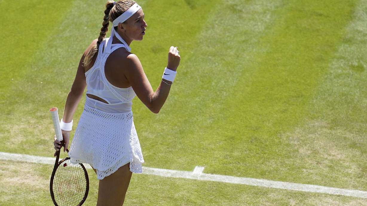 Czech Republic's Petra Kvitova celebrates defeating Aliaksandra Sasnovich of Belarus in the women's singles match on day five of the Wimbledon tennis championships in London, Friday, July 7, 2023.
