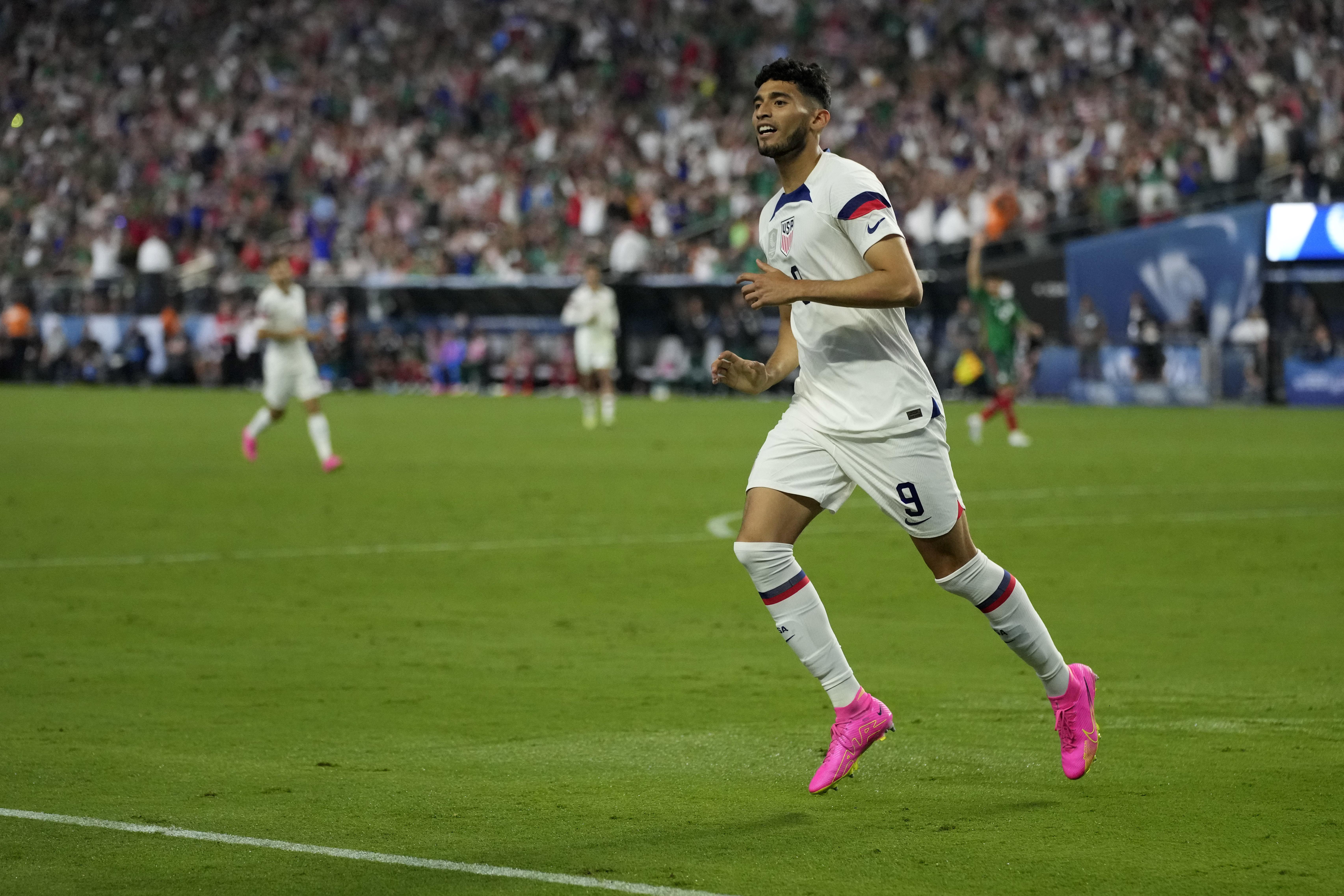 Ricardo Pepi of the United States celebrates after scoring against Mexico during the second half of a CONCACAF Nations League semifinals soccer match Thursday, June 15, 2023, in Las Vegas.