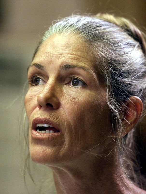 Leslie Van Houten listens during her parole hearing in Corona, California, June 28, 2002. In May a California appeals court found Van Houten, 73, was entitled to parole from her life sentence.