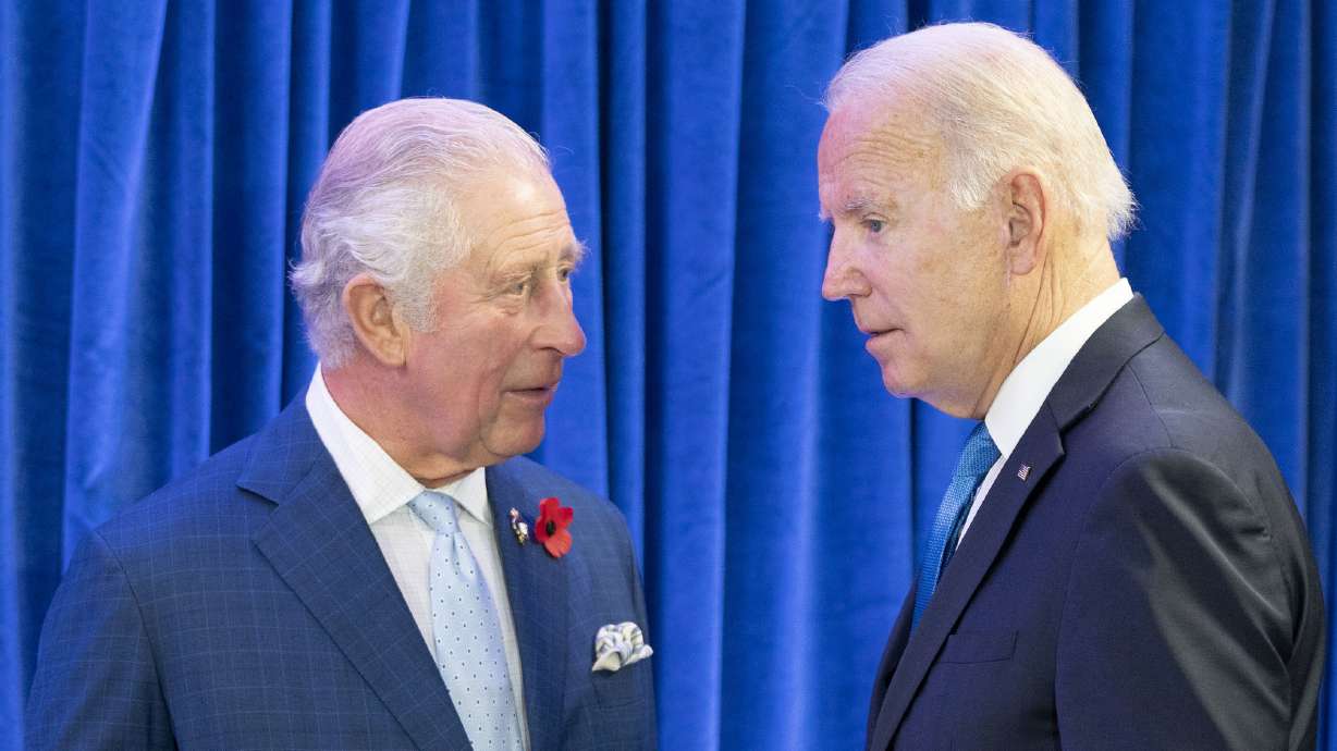 Britain's Prince Charles, left, greets U.S. President Joe Biden in Glasgow, Scotland, Nov. 2, 2021. Biden will spend four days in three nations next week in Europe tending to alliances that have been tested by Russia's invasion of Ukraine.