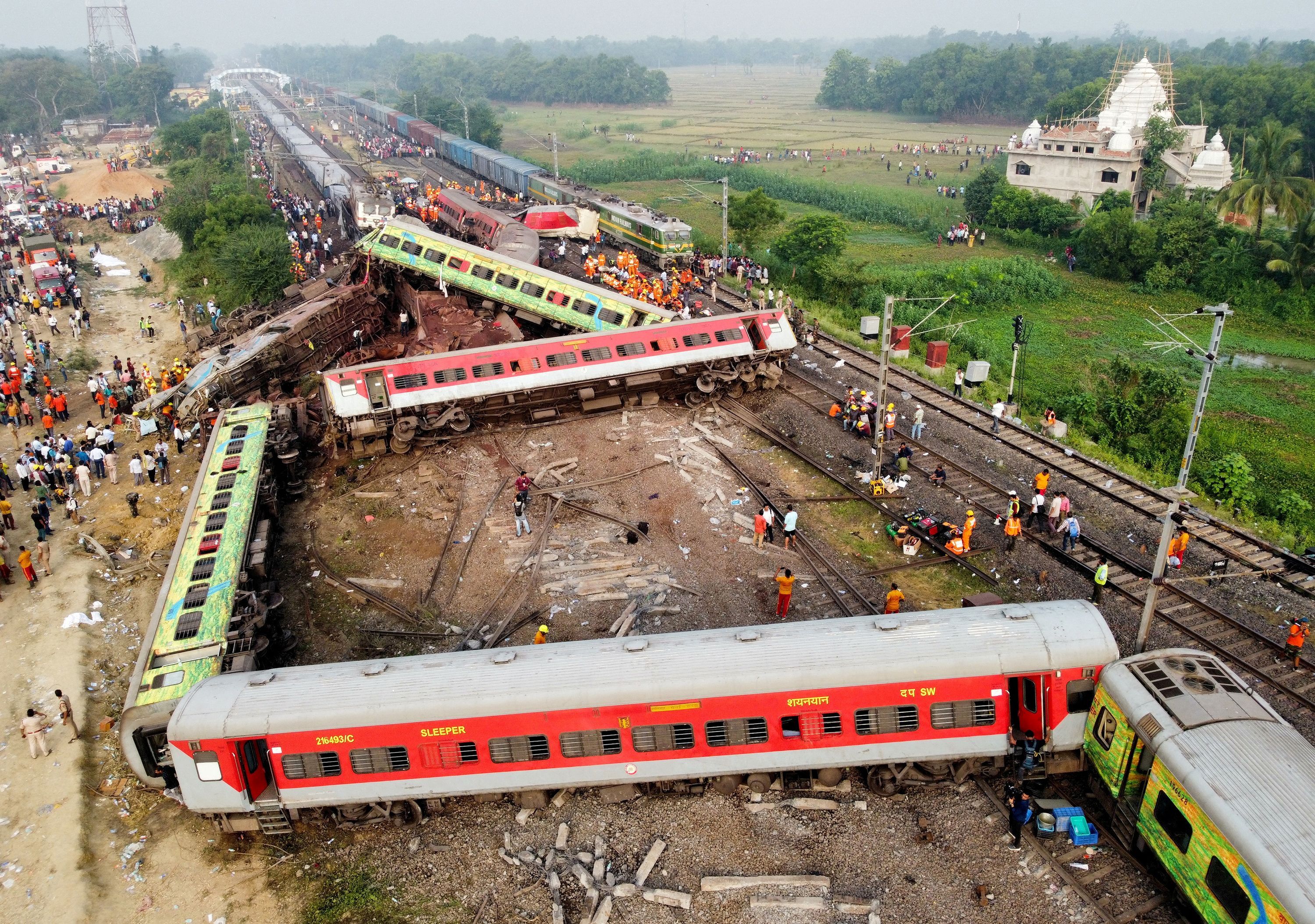 Indian authorities have arrested three railway officials as part of an investigation into one of the deadliest train crashes in the country’s history, seen here, in Balasore district in the eastern state of Odisha, India, on June 3.