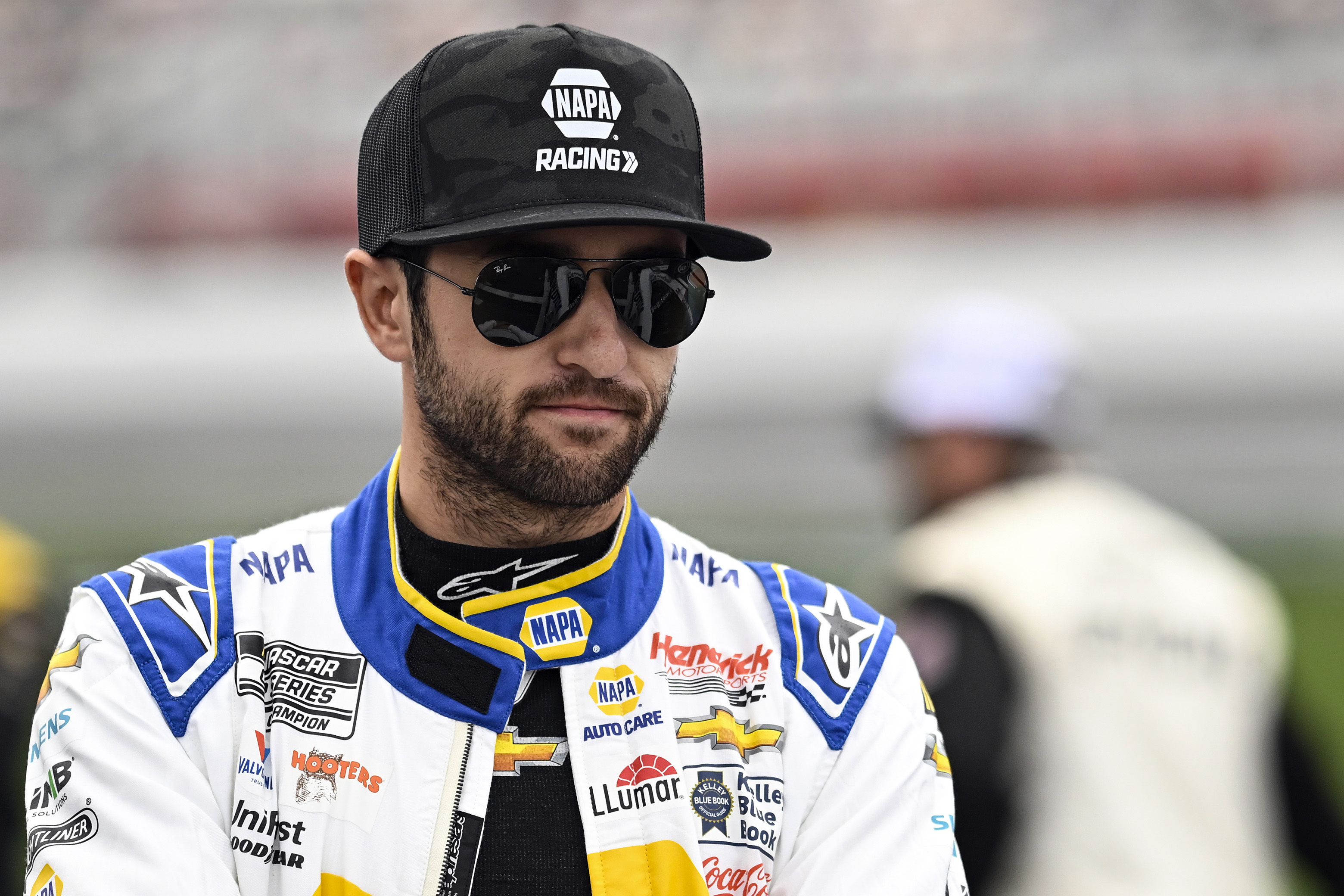 FILE - Chase Elliott looks on prior to a NASCAR Cup Series auto race at Charlotte Motor Speedway, Monday, May 29, 2023, in Concord, N.C. Elliott says he can’t rely on repeating last summer’s success, starting with his home track at Atlanta Motor Speedway, as his path to NASCAR’s playoffs. Elliott 