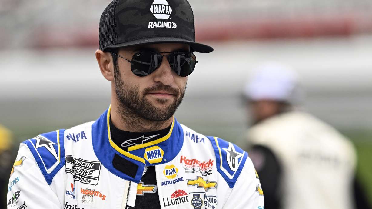 FILE - Chase Elliott looks on prior to a NASCAR Cup Series auto race at Charlotte Motor Speedway, Monday, May 29, 2023, in Concord, N.C. Elliott says he can’t rely on repeating last summer’s success, starting with his home track at Atlanta Motor Speedway, as his path to NASCAR’s playoffs. Elliott