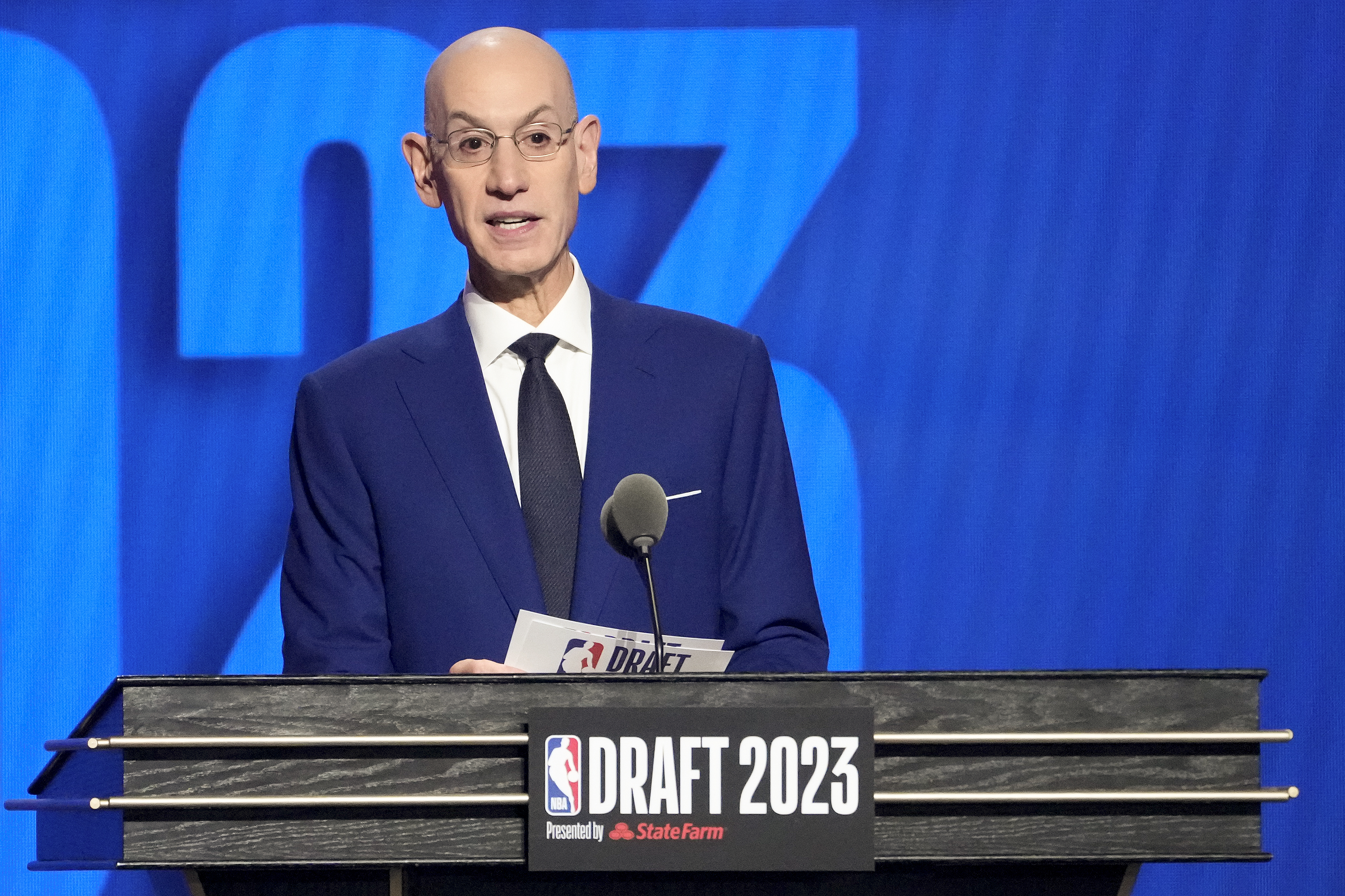 NBA Commissioner Adam Silver announces the 13th pick in the NBA basketball draft, Thursday, June 22, 2023, in New York. 