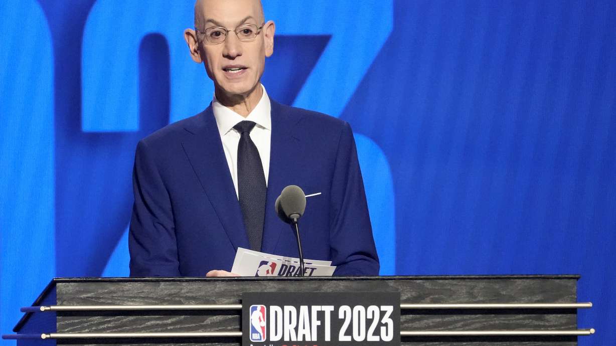 NBA Commissioner Adam Silver announces the 13th pick in the NBA basketball draft, Thursday, June 22, 2023, in New York.