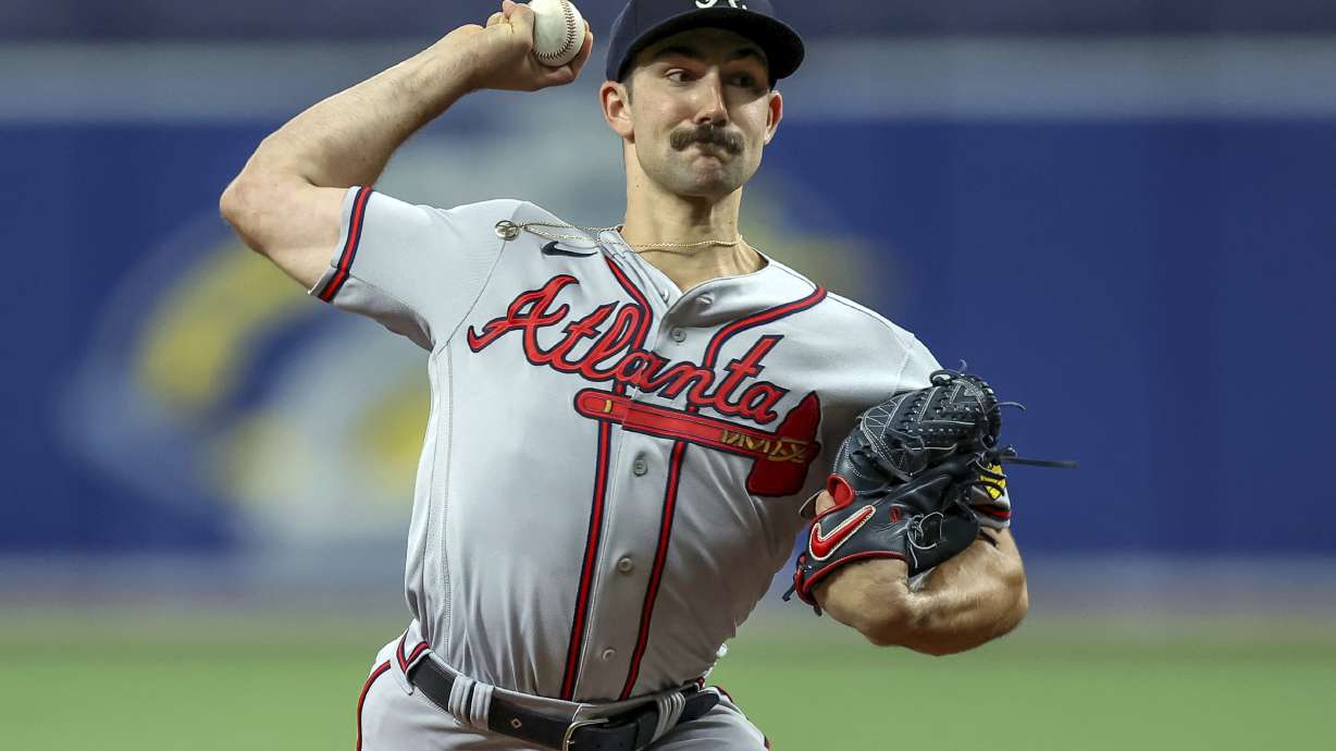 Atlanta Braves starting pitcher Spencer Strider throws against the Tampa Bay Rays during the second inning of a baseball game Saturday, July 8, 2023, in St. Petersburg, Fla.