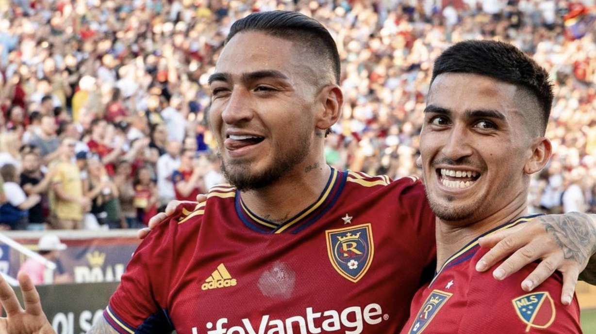Chicho Arango, left, celebrates his first RSL goal with Pablo Ruiz on Saturday.