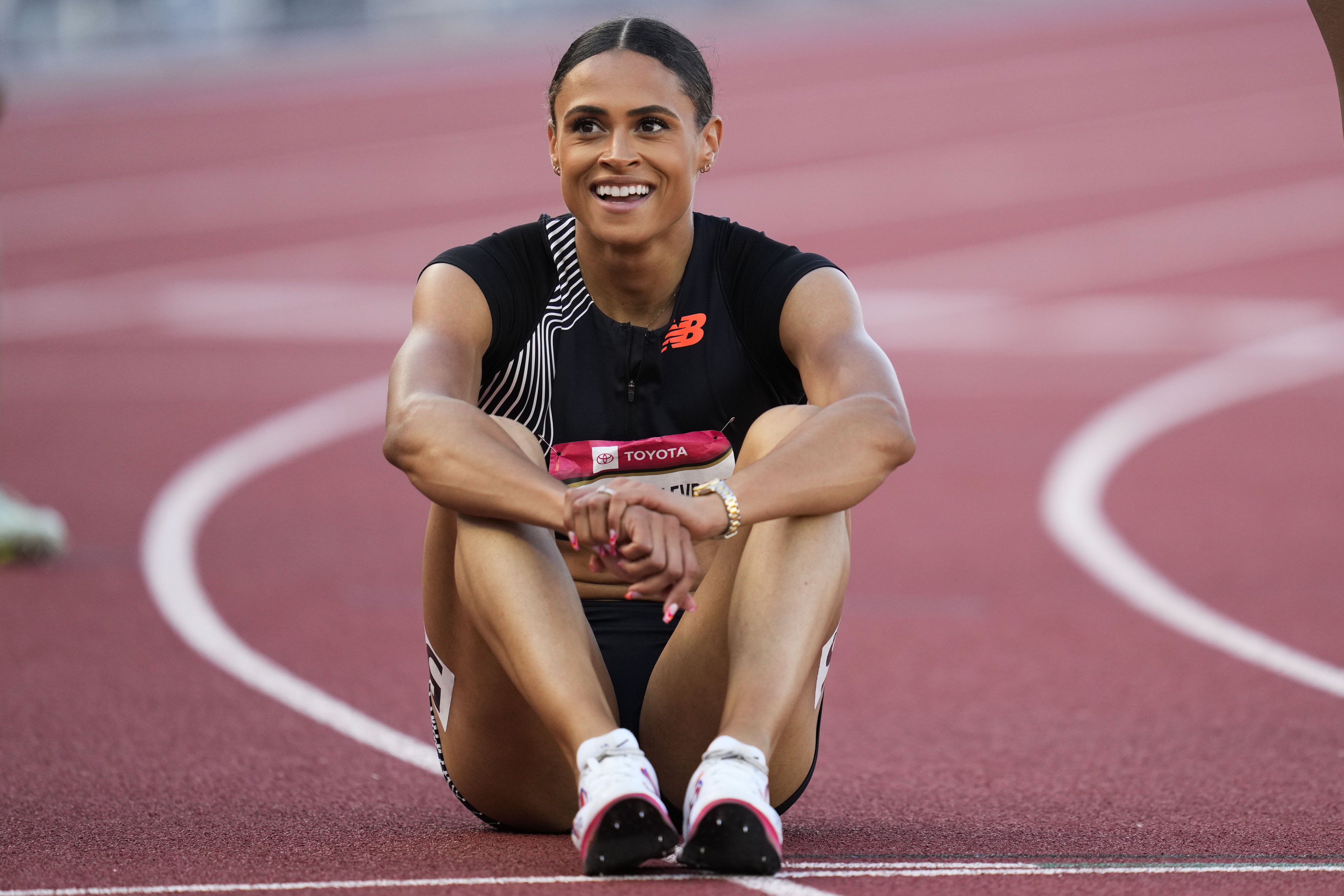 Sydney McLaughlin-Levrone smiles as she catches her breath after winning the women's 400 meter final during the U.S. track and field championships in Eugene, Ore., Saturday, July 8, 2023. 