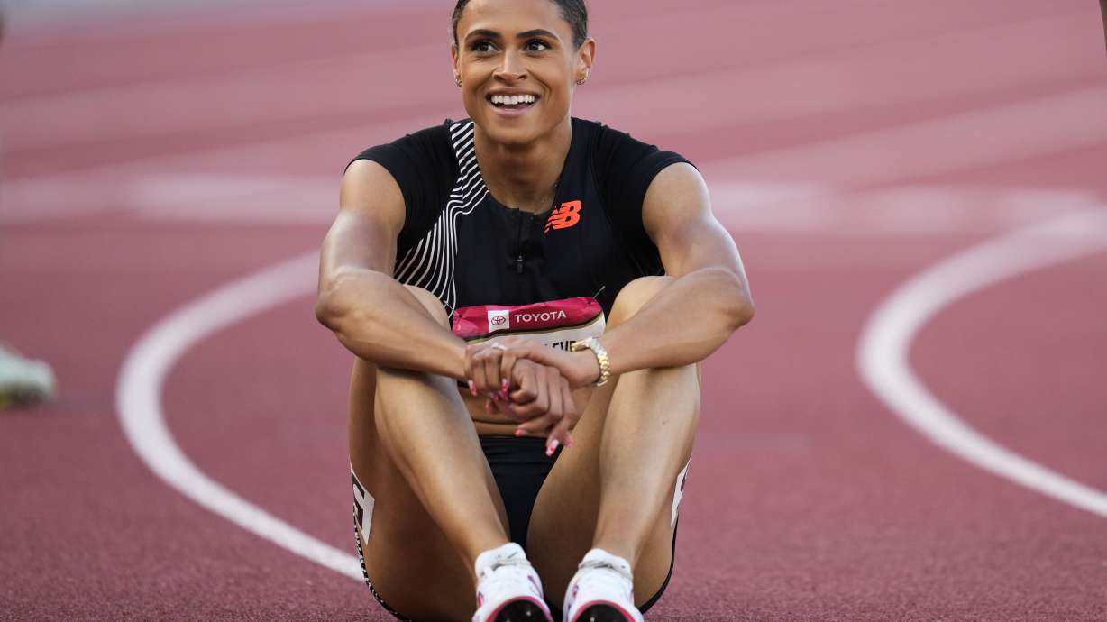 Sydney McLaughlin-Levrone smiles as she catches her breath after winning the women's 400 meter final during the U.S. track and field championships in Eugene, Ore., Saturday, July 8, 2023.