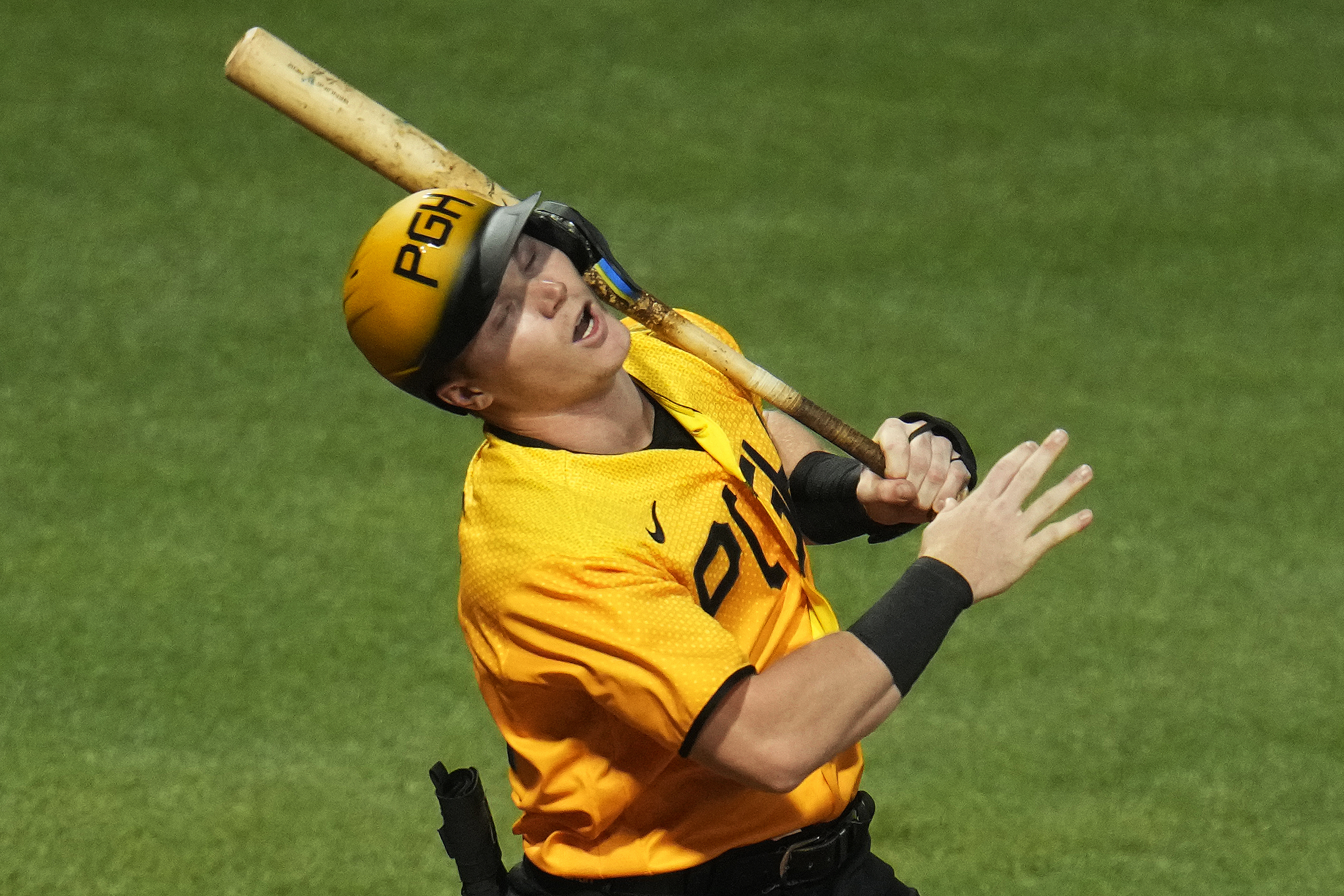Pittsburgh Pirates' Henry Davis strikes out swinging to end the seventh inning of a baseball game against the Milwaukee Brewers in Pittsburgh, Friday, June 30, 2023. 