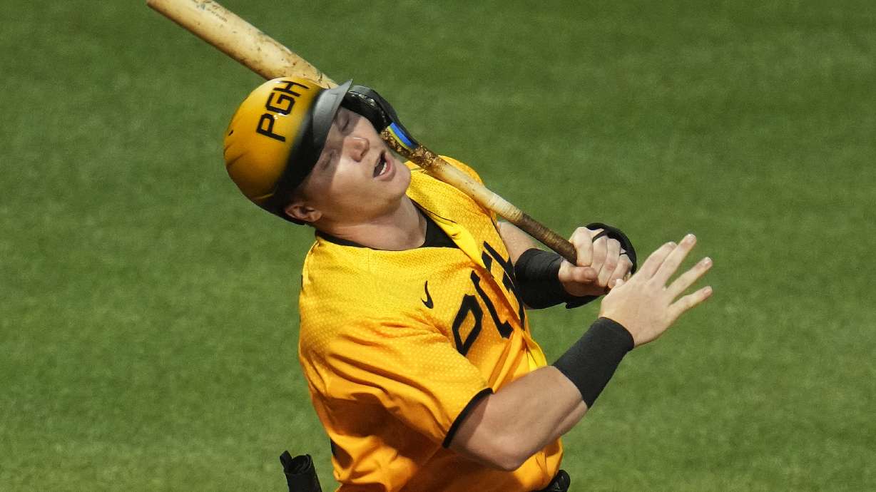 Pittsburgh Pirates' Henry Davis strikes out swinging to end the seventh inning of a baseball game against the Milwaukee Brewers in Pittsburgh, Friday, June 30, 2023.