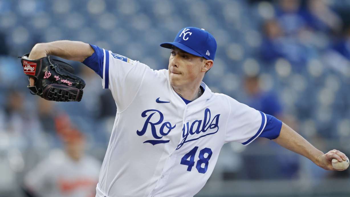 FILE - Kansas City Royals pitcher Ryan Yarbrough throws during the first inning of a baseball game against the Baltimore Orioles in Kansas City, Mo., May 2, 2023. Yarbrough is returning to the mound Sunday, July 9 to start against Cleveland in his first major league game since the left-hander was hit in the head with a line drive two months ago.