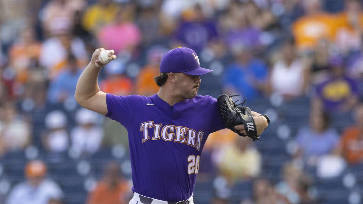 FILE - LSU's Paul Skenes pitches against Tennessee in a baseball game at the NCAA College World Series in Omaha, Neb., on Saturday, June 17, 2023. Skenes, a hard-throwing pitcher who struck out 209 batters in 122 innings for the Tigers, could be the first pick in Sunday night's Major League Baseball draft.