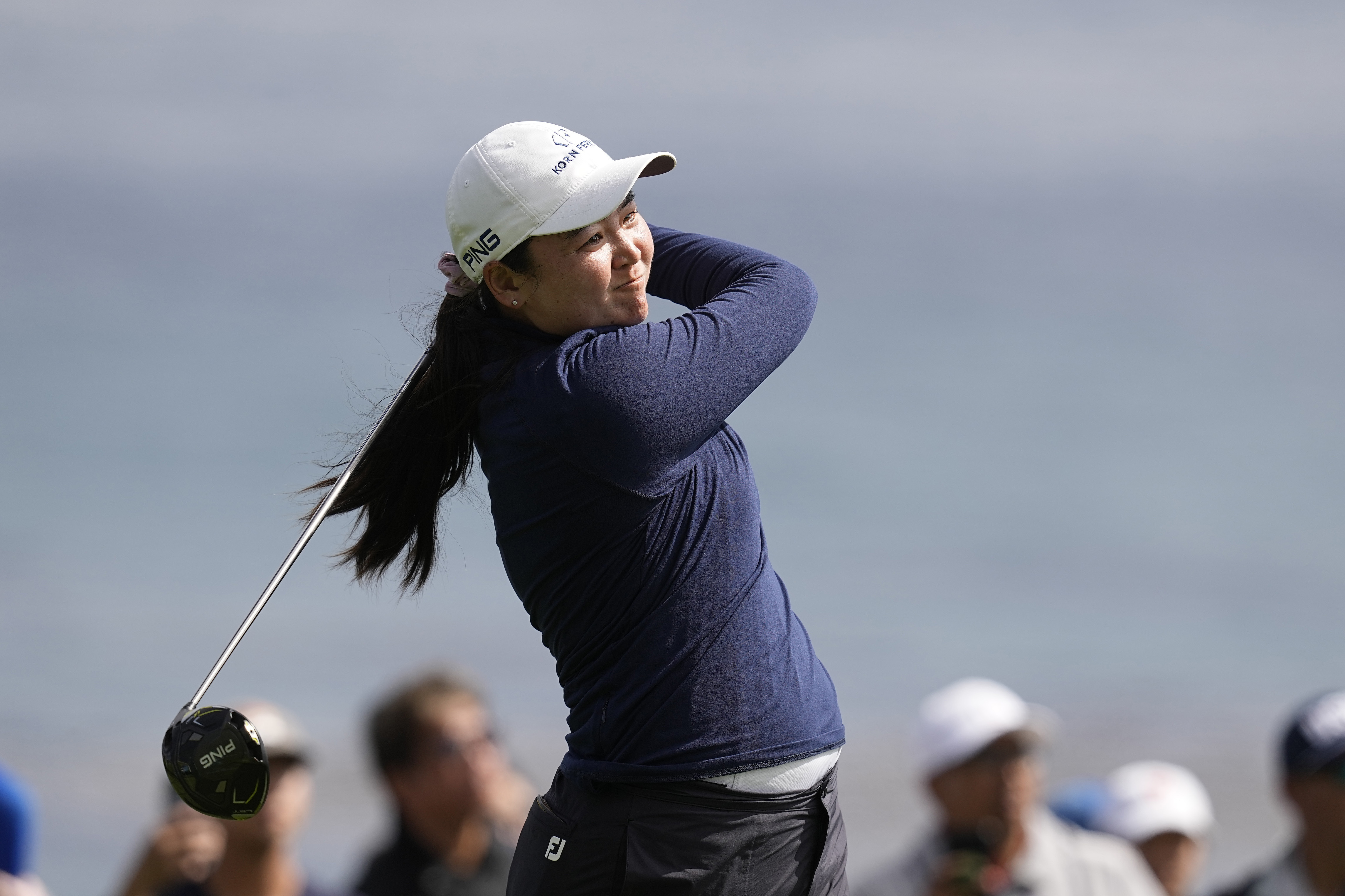 Allisen Corpuz hits from the 14th tee during the final round of the U.S. Women's Open golf tournament at the Pebble Beach Golf Links, Sunday, July 9, 2023, in Pebble Beach, Calif. 
