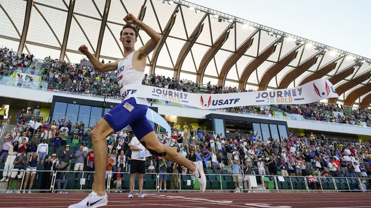 Kenneth Rooks crosses the finish line to win the men's 3000 meter steeplechase final during the U.S. track and field championships in Eugene, Ore., Saturday, July 8, 2023.