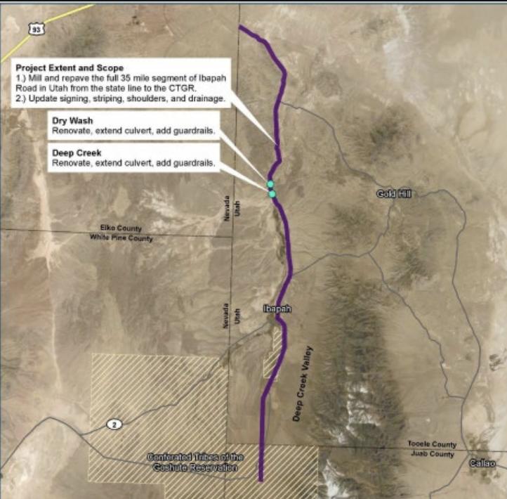 A map shows the 35-mile stretch of Ibapah Road that will be repaired.