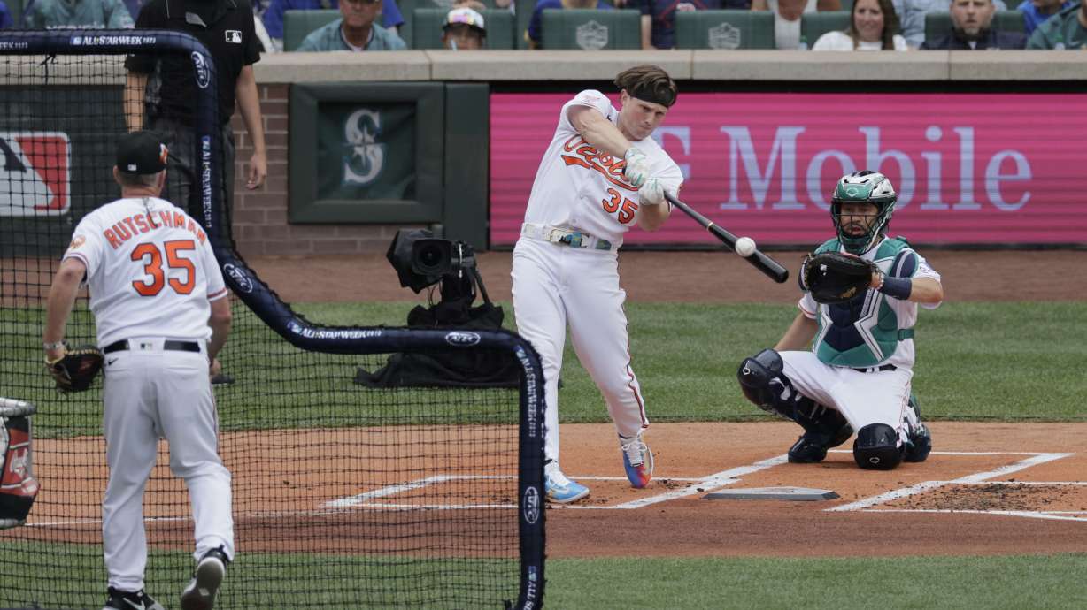 American League's Adley Rutschman, of the Baltimore Orioles, hits in the first round during the MLB All-Star baseball Home Run Derby in Seattle, Monday, July 10, 2023.