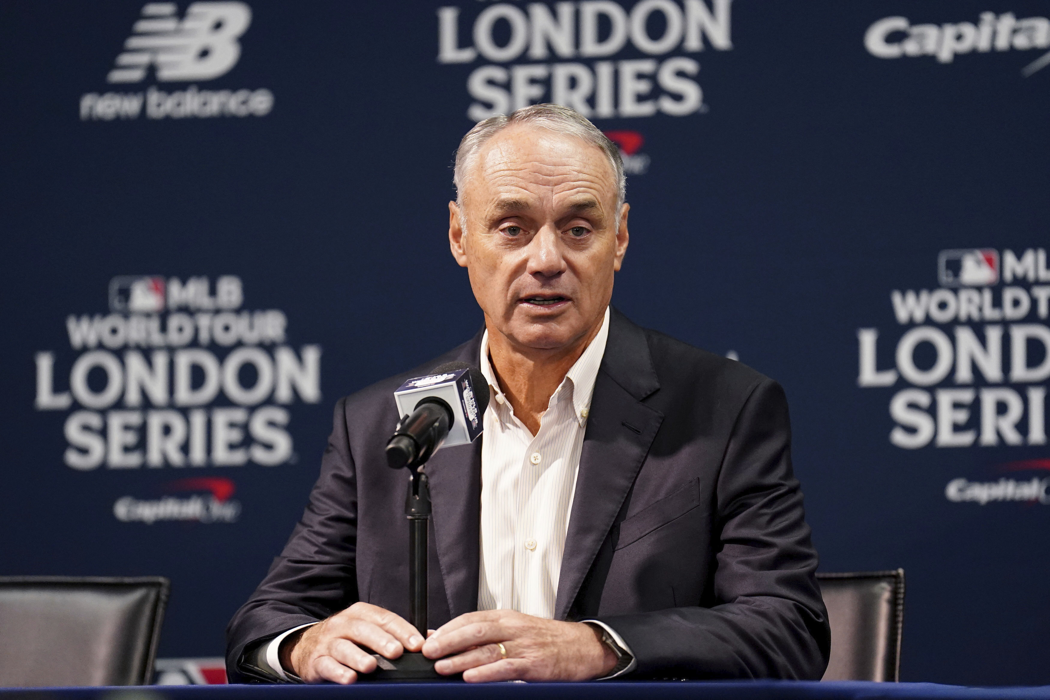 MLB Commissioner, Robert Manfred, speaks during a press conference during a workout day ahead of the MLB London Series Match between the St. Louis Cardinals and Chicago Cubs at the London Stadium, London, Friday June 23, 2023.
