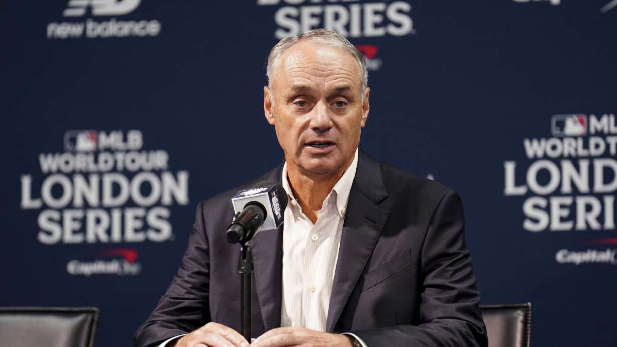 MLB Commissioner Rob Manfred speaks at a press conference during a workout day ahead of the MLB London Series at the London Stadium on June 23. Manfred outlined a little more about the league's expansion plans Tuesday.