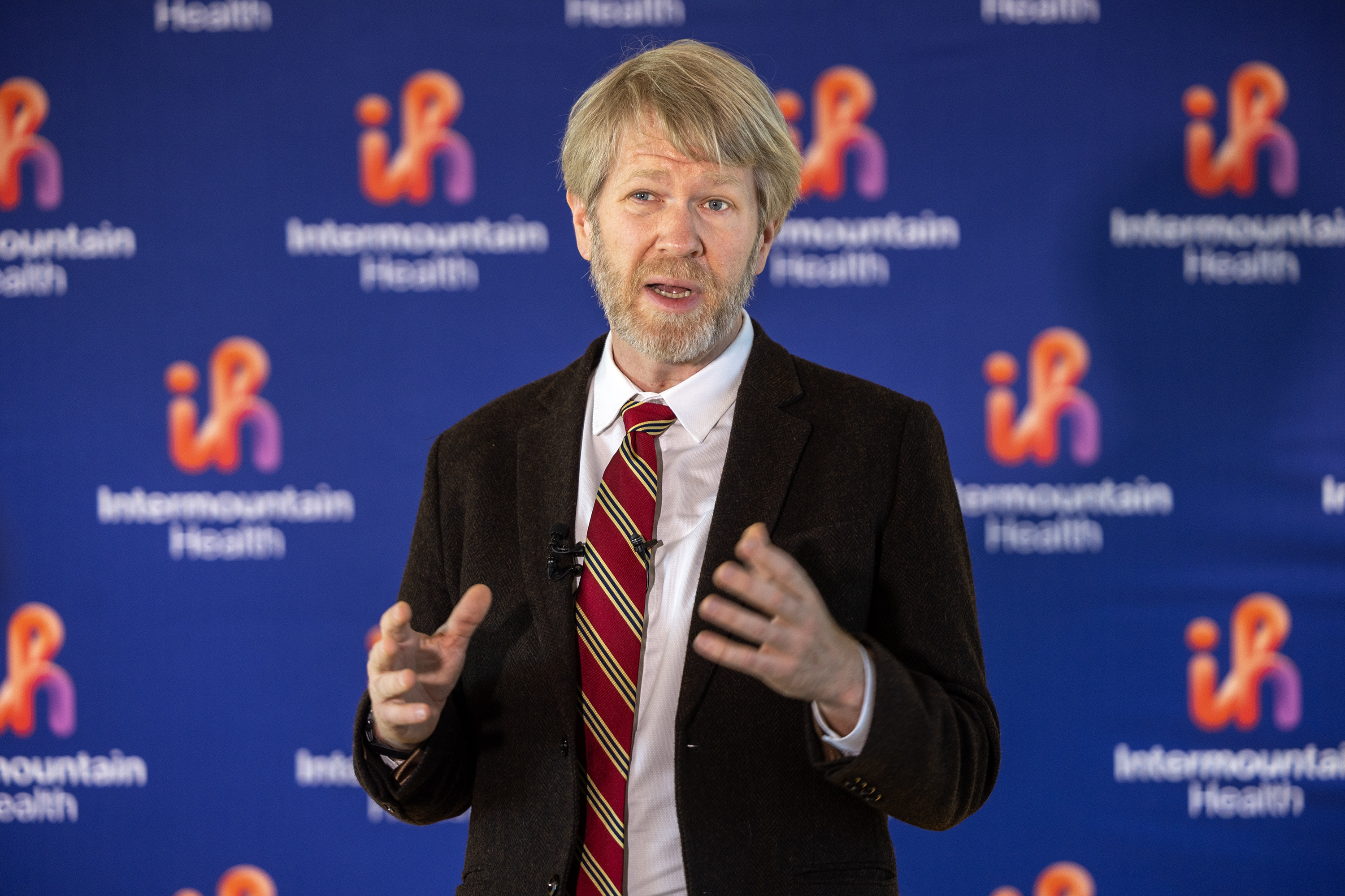 Dr. Samuel Brown talks in Murray about Intermountain Health being selected as one of six health systems in the U.S. to lead a national effort to improve patient outcomes for the most common conditions found in critically ill patients.