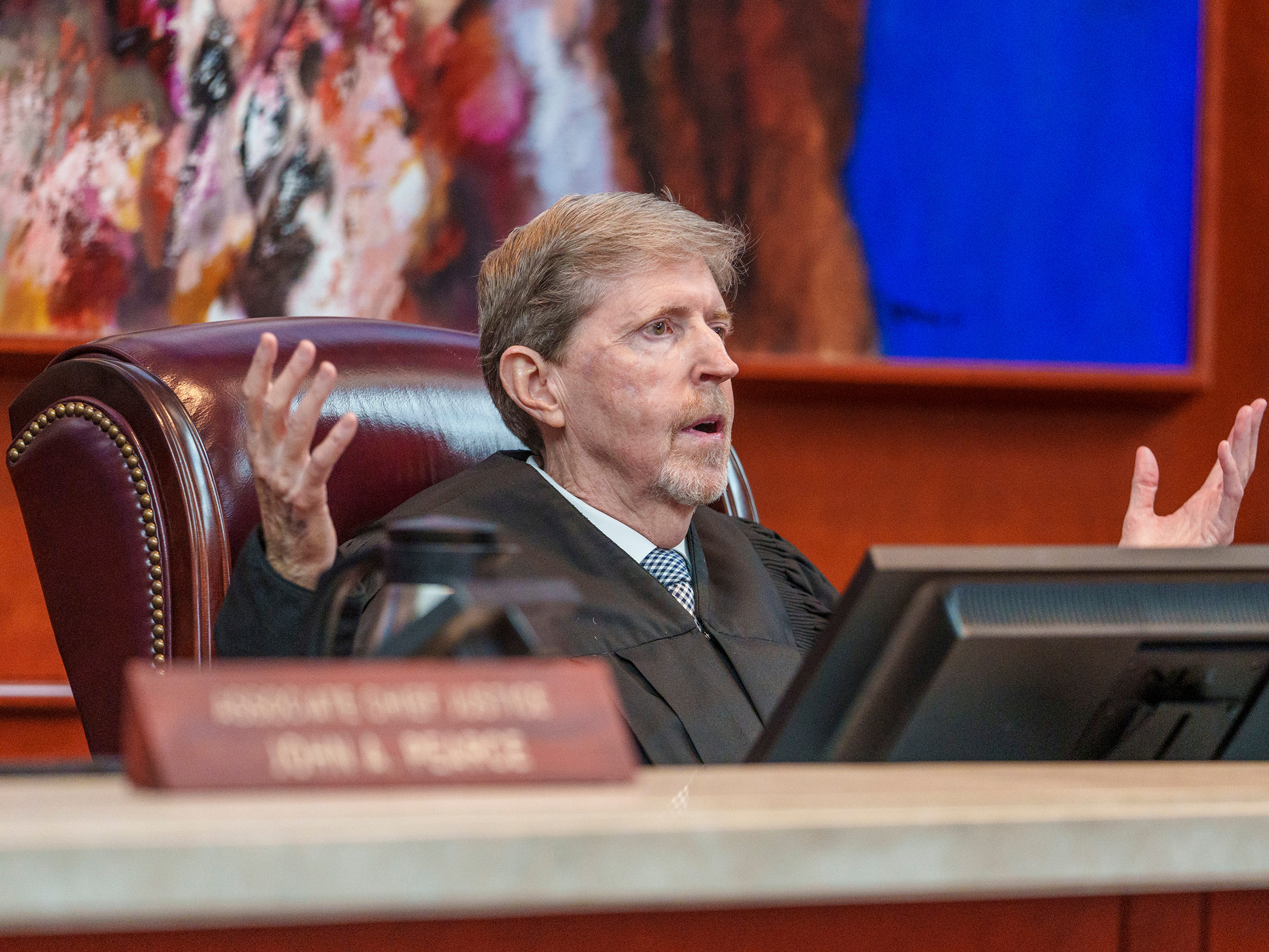 Utah Supreme Court Chief Justice Matthew B. Durrant questions Taylor Meehan, an attorney for the state, during oral arguments for a case challenging Utah’s congressional districts before the Utah Supreme Court in Salt Lake City on Tuesday.