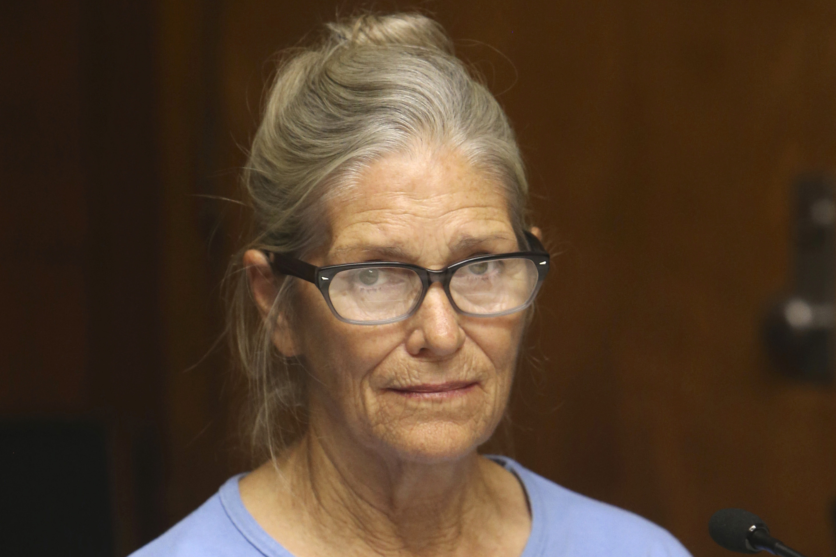 Leslie Van Houten attends her parole hearing at the California Institution for Women Sept. 6, 2017 in Corona, Calif.  Van Houten has been released from a California prison after serving 53 years for two infamous murders.
