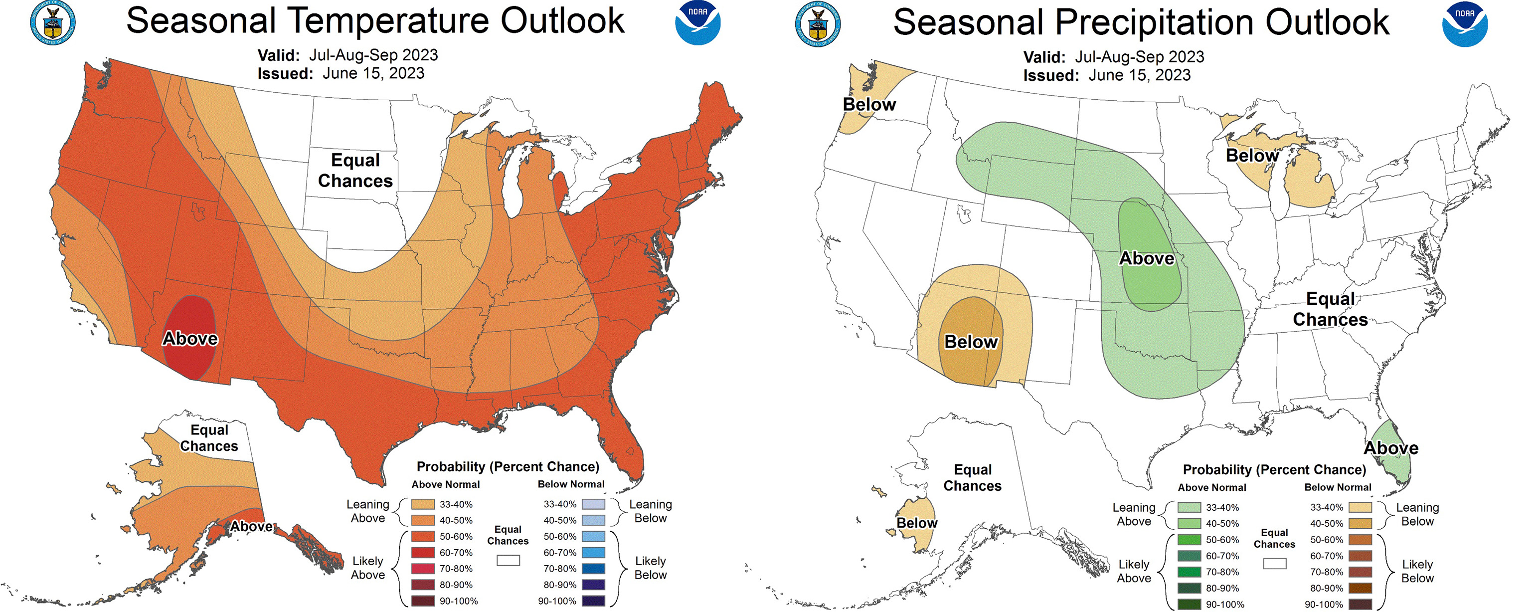 These maps show the combined outlook for temperature, left, and precipitation, right, for months of July, August and September. The maps indicate a higher probability for above-normal temperatures across Utah, while it's unclear if precipitation will be above, below or near normal.