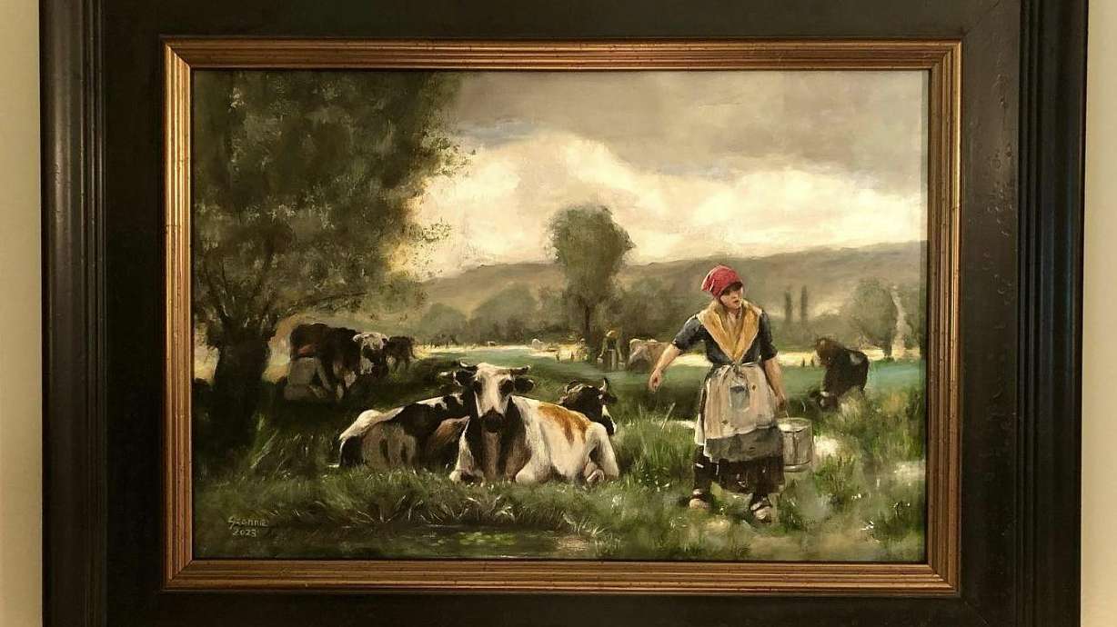 An image of Jeannie Bate's recreation of Julien Dupre's "The Milkmaid." Bate is raffling the painting to provide funds to help the family of a friend who died.