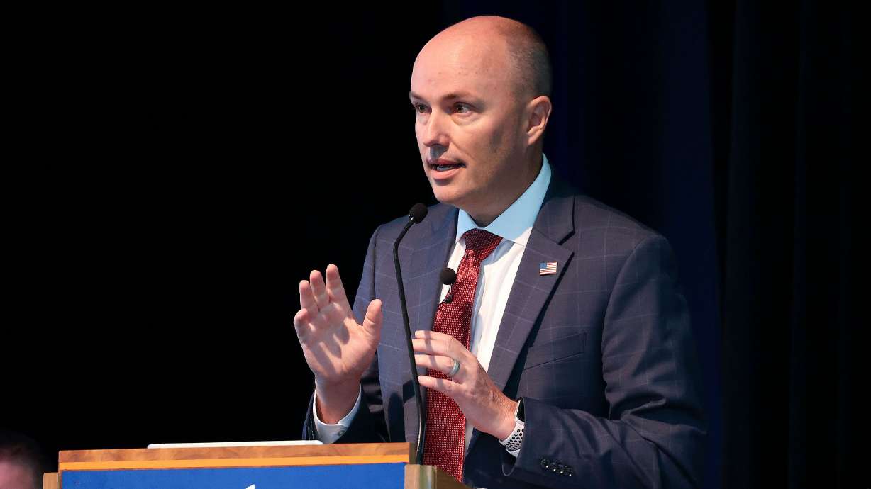 Gov. Spencer Cox speaks at the Braver Angels National Convention at Gettysburg College in Gettysburg, Pa., on Saturday. Despite a drop in support from Democrats and self-identified liberals, Cox has broad support from Utah voters.