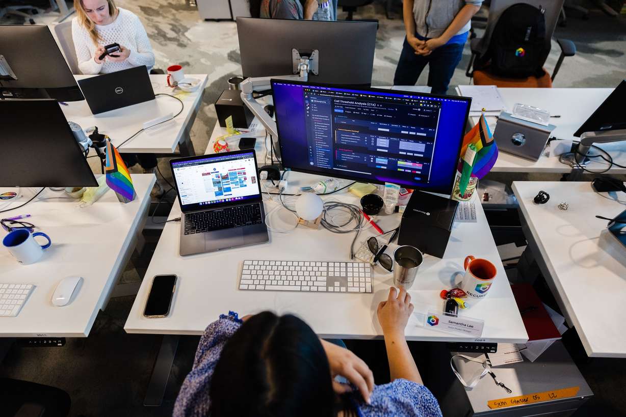Senior product manager Samantha Lee works at her desk at the Recursion offices in Salt Lake City on June 20. Utah is the fastest-growing life science and health care innovation industry in the nation.