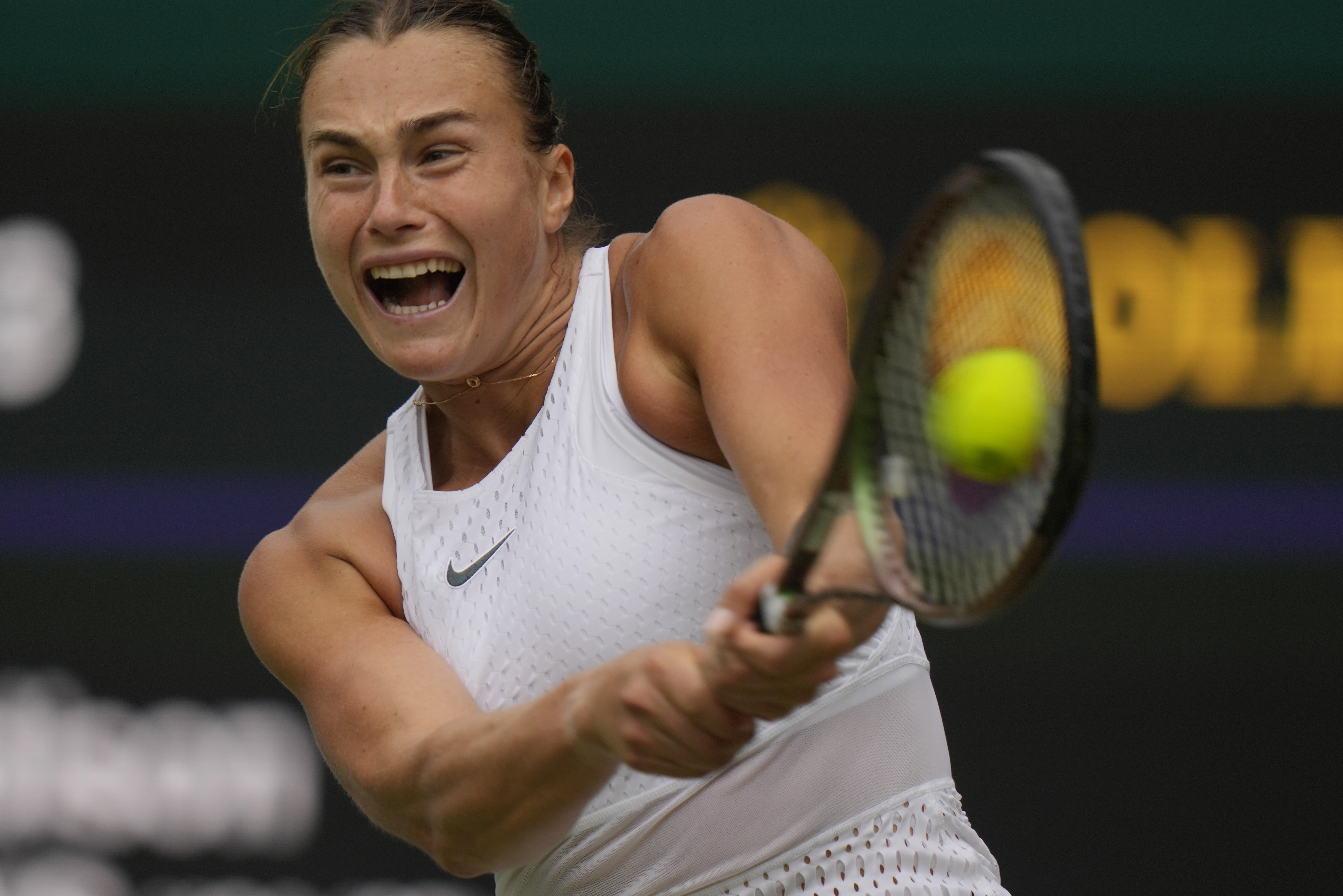 Aryna Sabalenka of Belarus in action against Madison Keys of the US during the women's singles match on day ten of the Wimbledon tennis championships in London, Wednesday, July 12, 2023.