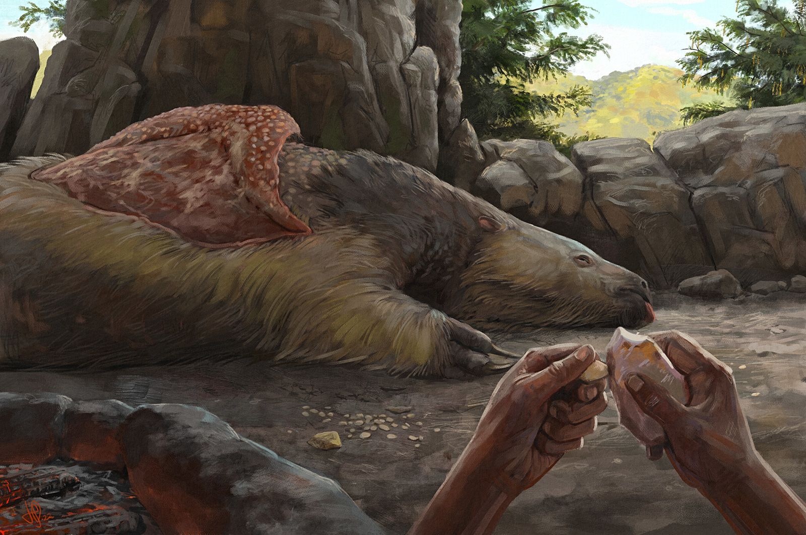 An artist's impression of the Santa Elina rock shelter shows a giant sloth. An unprecedented discovery made by archaeologists working in Brazil is shaking up what we know about the first inhabitants of the Americas.