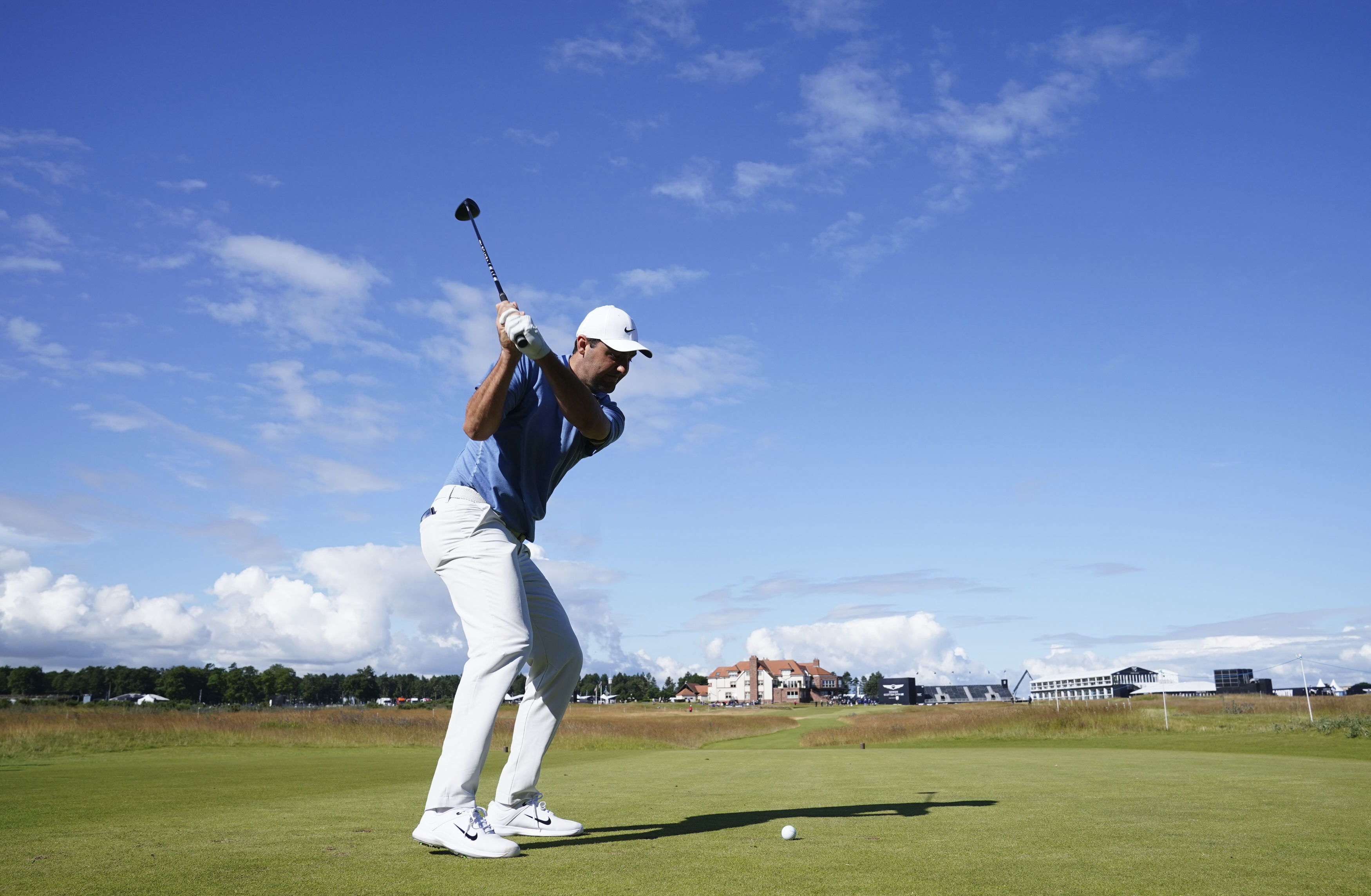 USA's Scottie Scheffler tees off the fifth during the Pro-Am ahead of the Genesis Scottish Open 2023 at The Renaissance Club, North Berwick, Britain,Wednesday, July 12, 2023. 
