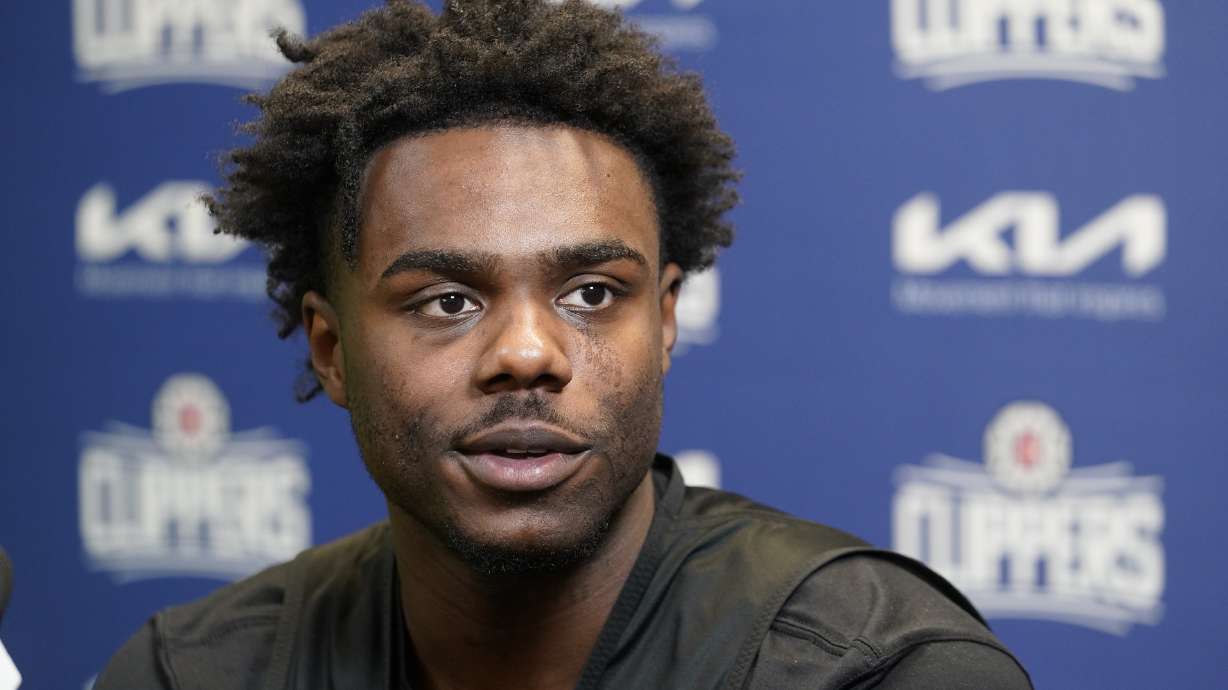 First-round draft pick Kobe Brown, selected 30th overall by the Los Angeles Clippers, speaks at a news conference in Los Angeles on Saturday, July 1, 2023.