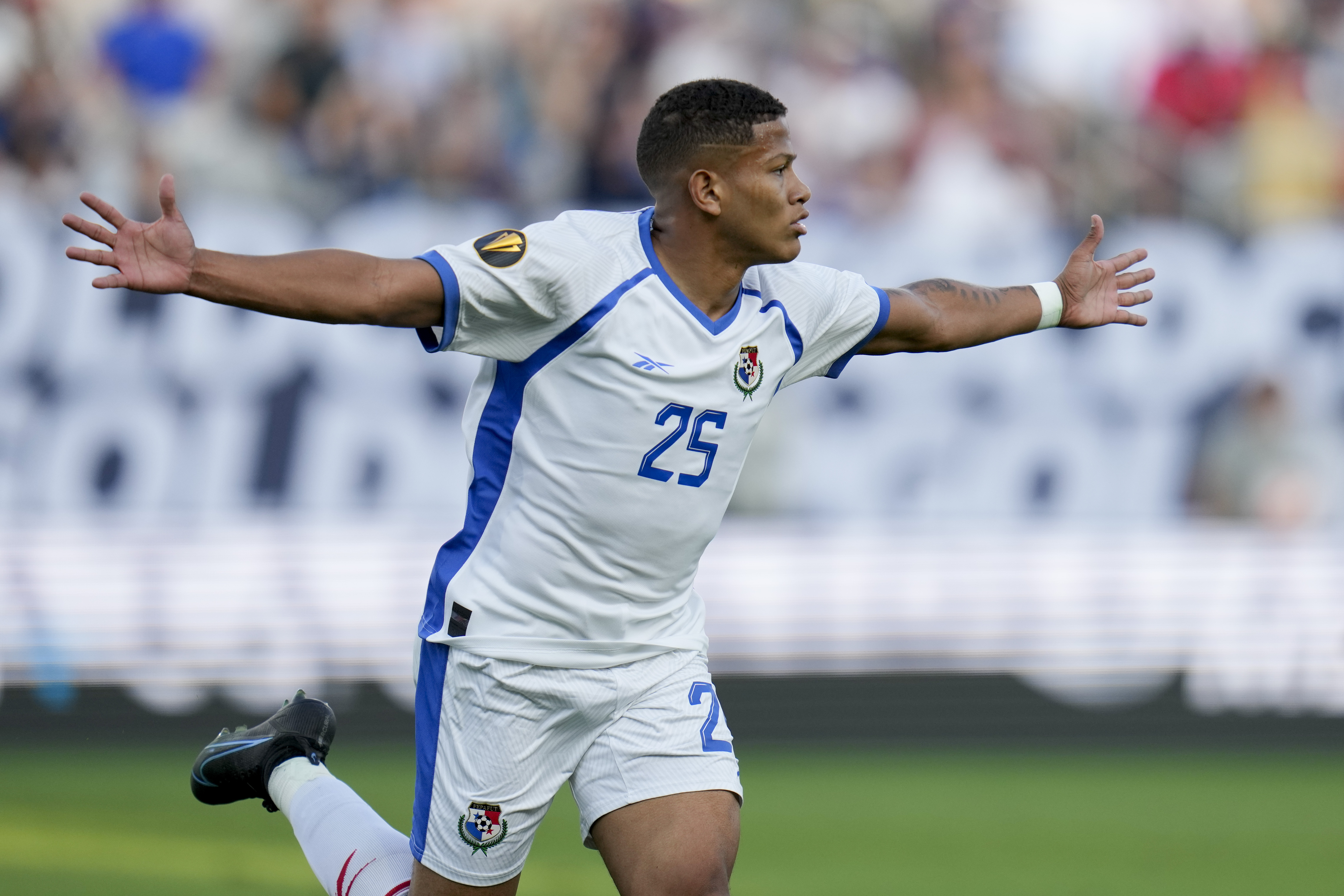 Panama defender Ivan Anderson celebrates his goal during extra time of a CONCACAF Gold Cup semifinal soccer match against the United States, Wednesday, July 12, 2023, in San Diego. 