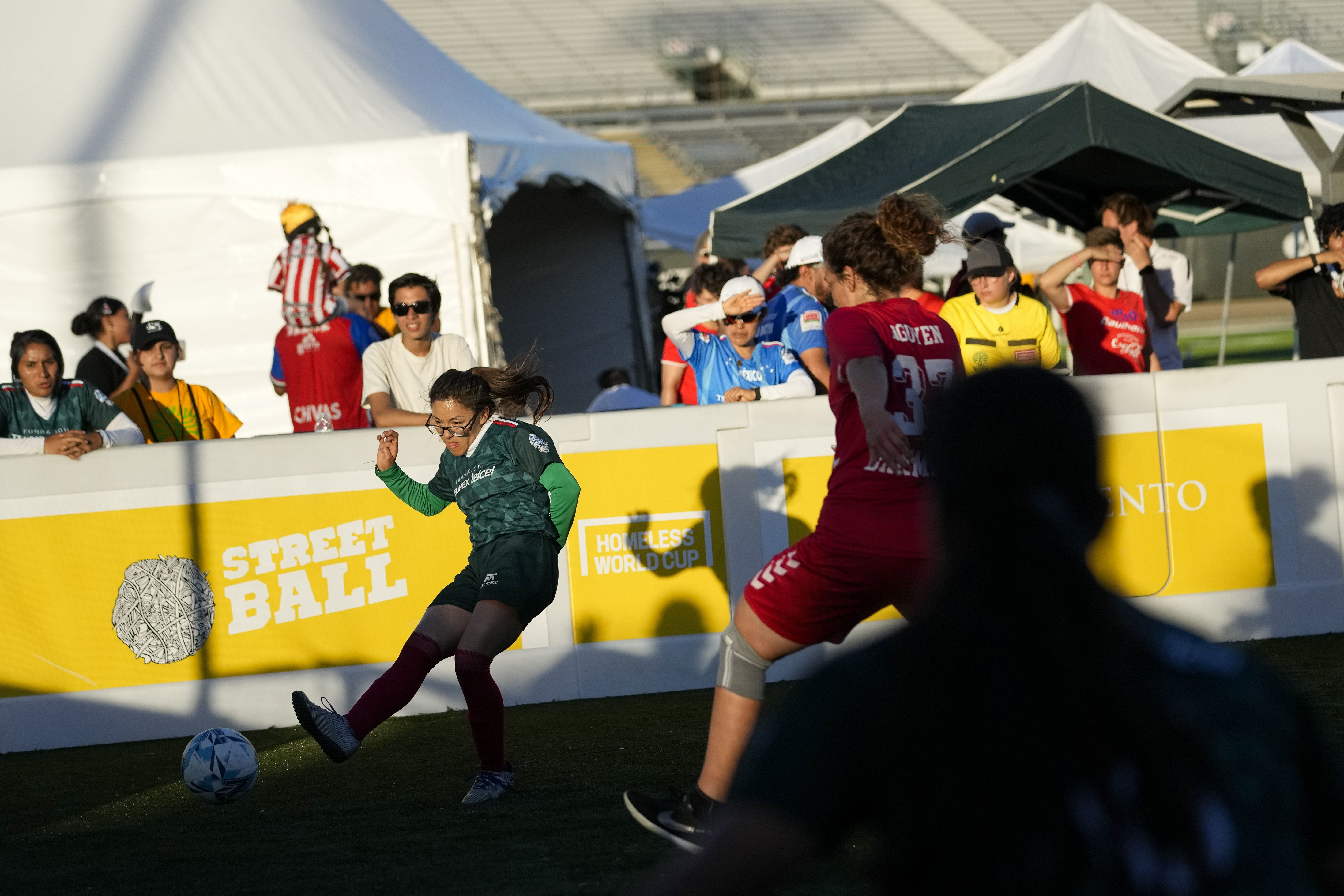 Mexico and Denmark play at the Homeless World Cup, Tuesday, July 11, 2023, in Sacramento, Calif. 