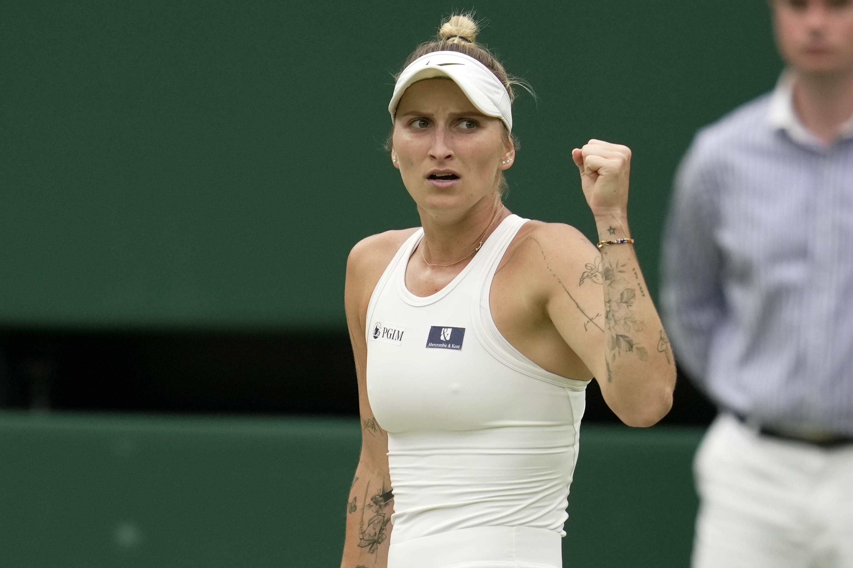 Czech Republic's Marketa Vondrousova in action against Ukraine's Elina Svitolina during the women's semifinal singles match on day eleven of the Wimbledon tennis championships in London, Thursday, July 13, 2023. 