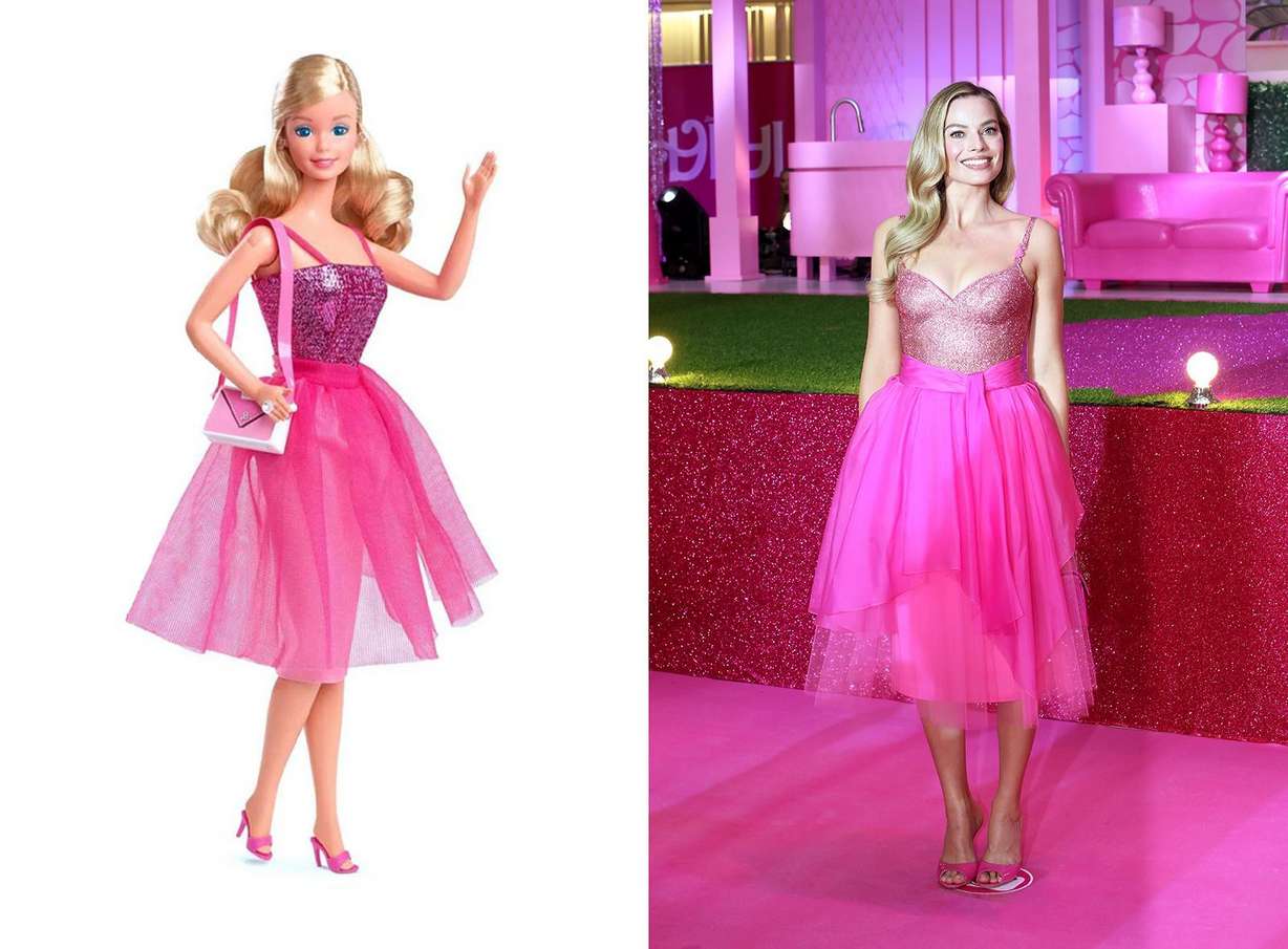 Margot Robbie in the hot-pink 'night' look, in the upcoming "Barbie" movie, which opens this week in theaters.