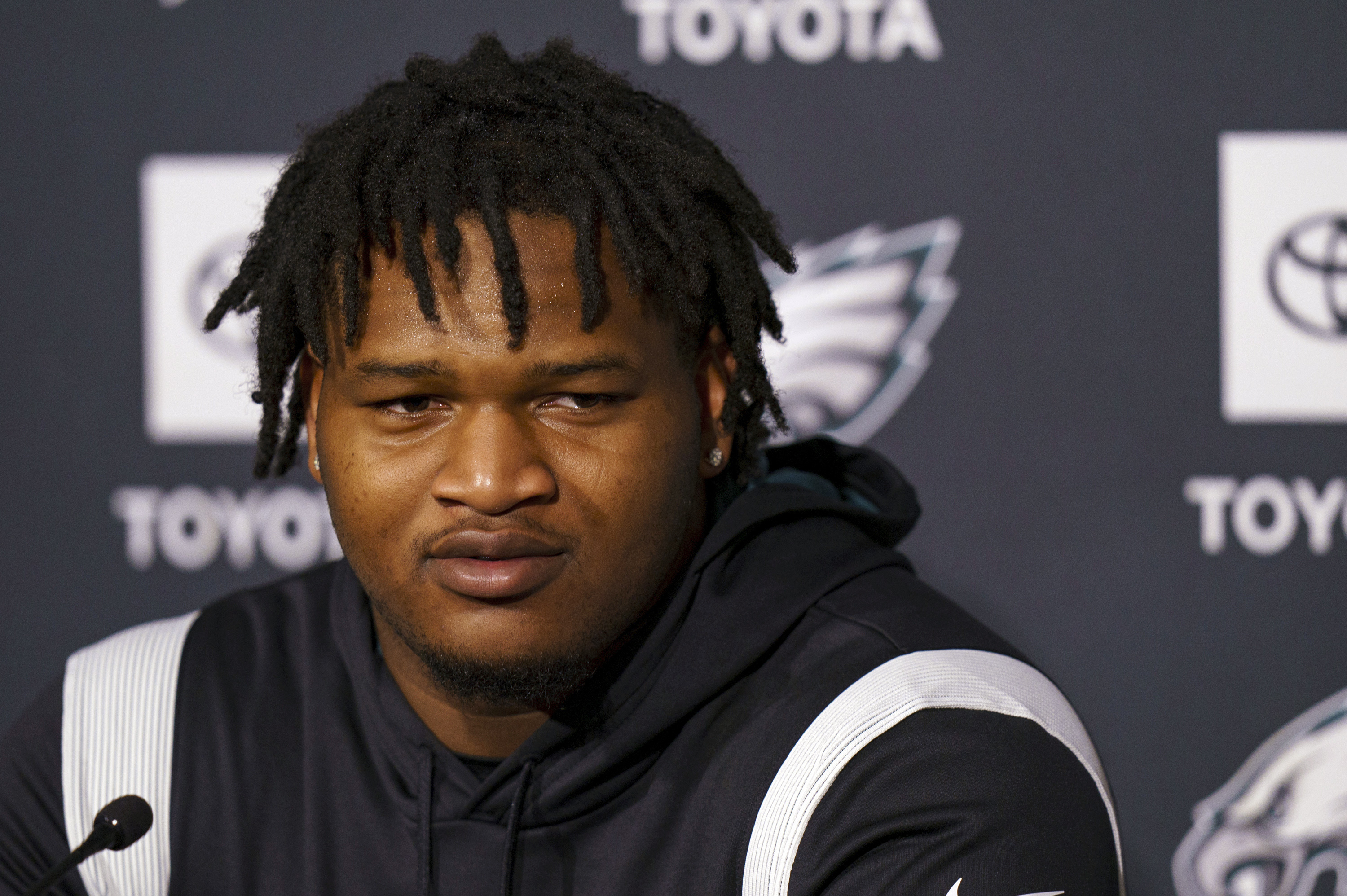 Philadelphia Eagles first round draft pick Jalen Carter, from the University of Georgia, takes questions from the media during NFL rookie football minicamp, Friday, May 5, 2023, in Philadelphia. Victoria S. Bowles, who was seriously injured in the January car crash that killed Georgia offensive lineman Devin Willock and an athletics staffer, has sued the school’s athletics association and former Bulldogs defensive tackle Jalen Carter for damages. 