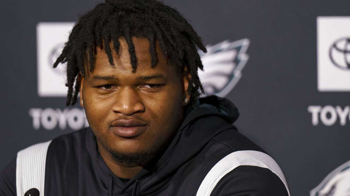 Philadelphia Eagles first round draft pick Jalen Carter, from the University of Georgia, takes questions from the media during NFL rookie football minicamp, Friday, May 5, 2023, in Philadelphia. Victoria S. Bowles, who was seriously injured in the January car crash that killed Georgia offensive lineman Devin Willock and an athletics staffer, has sued the school’s athletics association and former Bulldogs defensive tackle Jalen Carter for damages.
